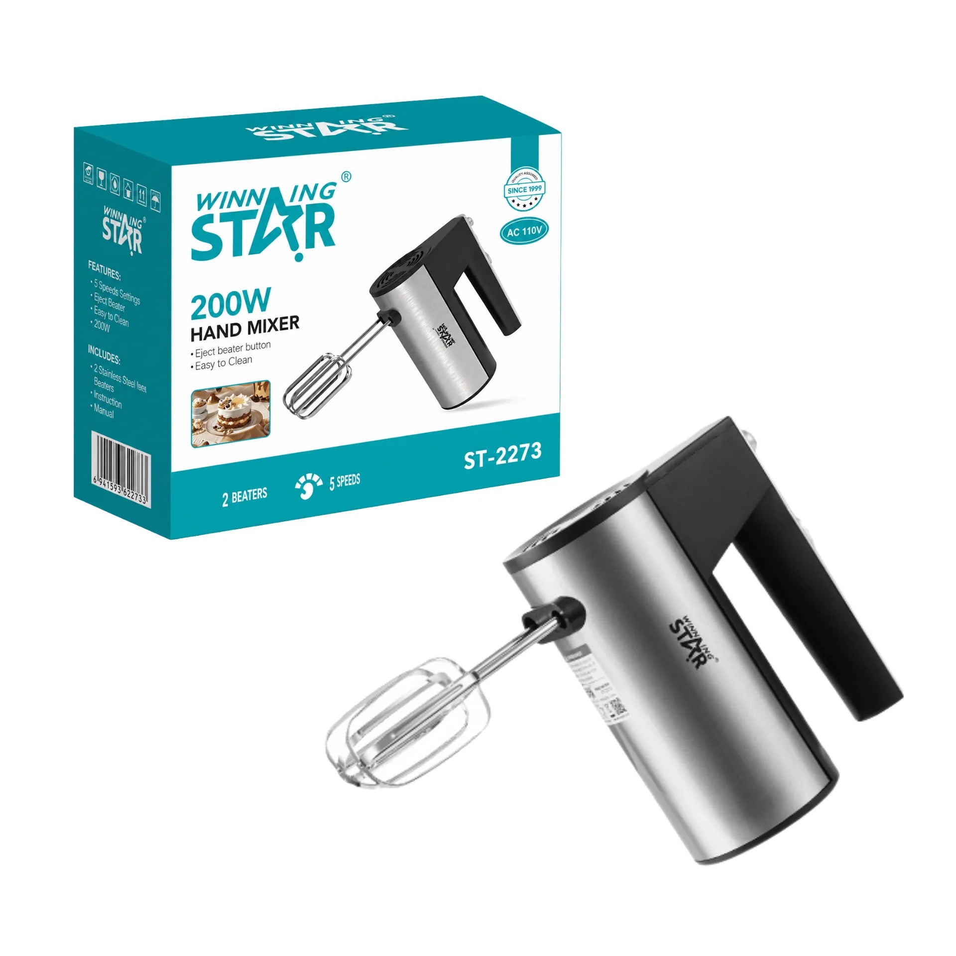 Batidora Eléctrica Winning Star Con 5 Velocidades, Ganchos Amasadores y Potencia de 200W ST-2273