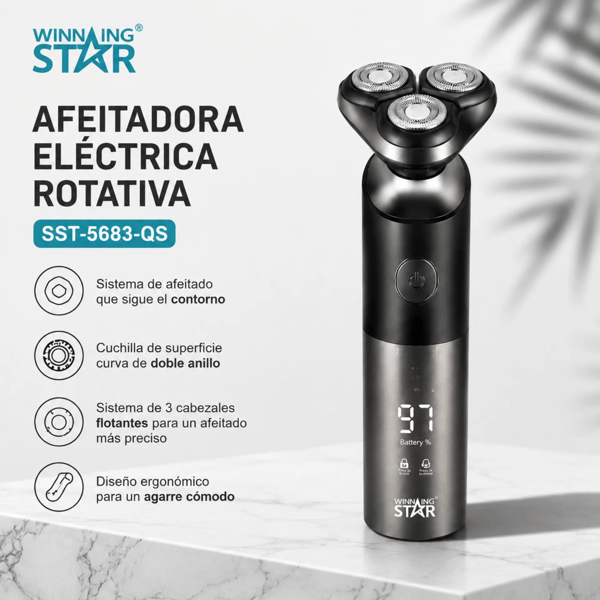 Máquina Afeitadora Winning Star Con Pantalla LED, Protección IPX6 y 3 Cabezales Flotantes ST-5683-QS