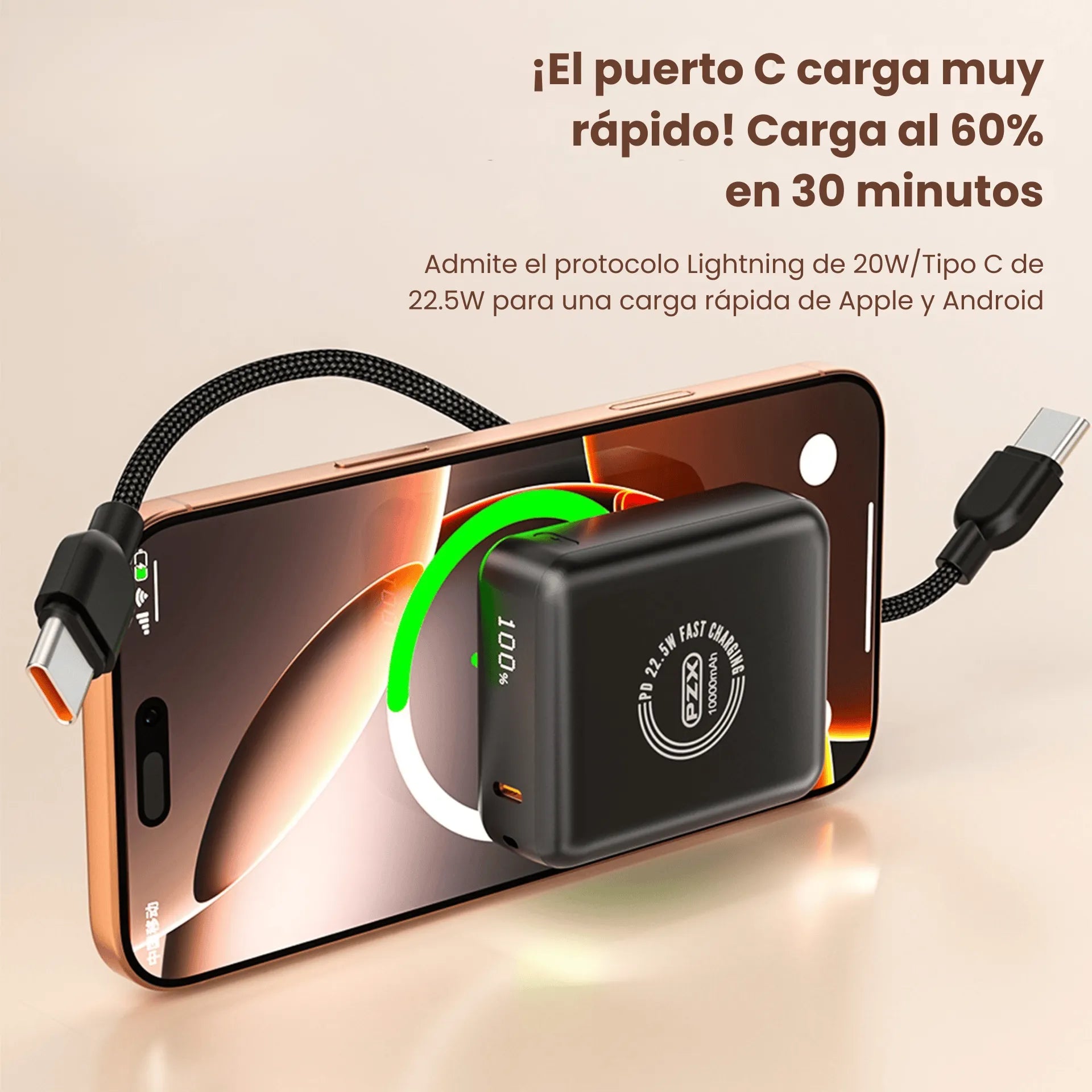 Power Bank 10.000 mAh Carga Rápida 22.5W y Cable Integrado PZX  V11