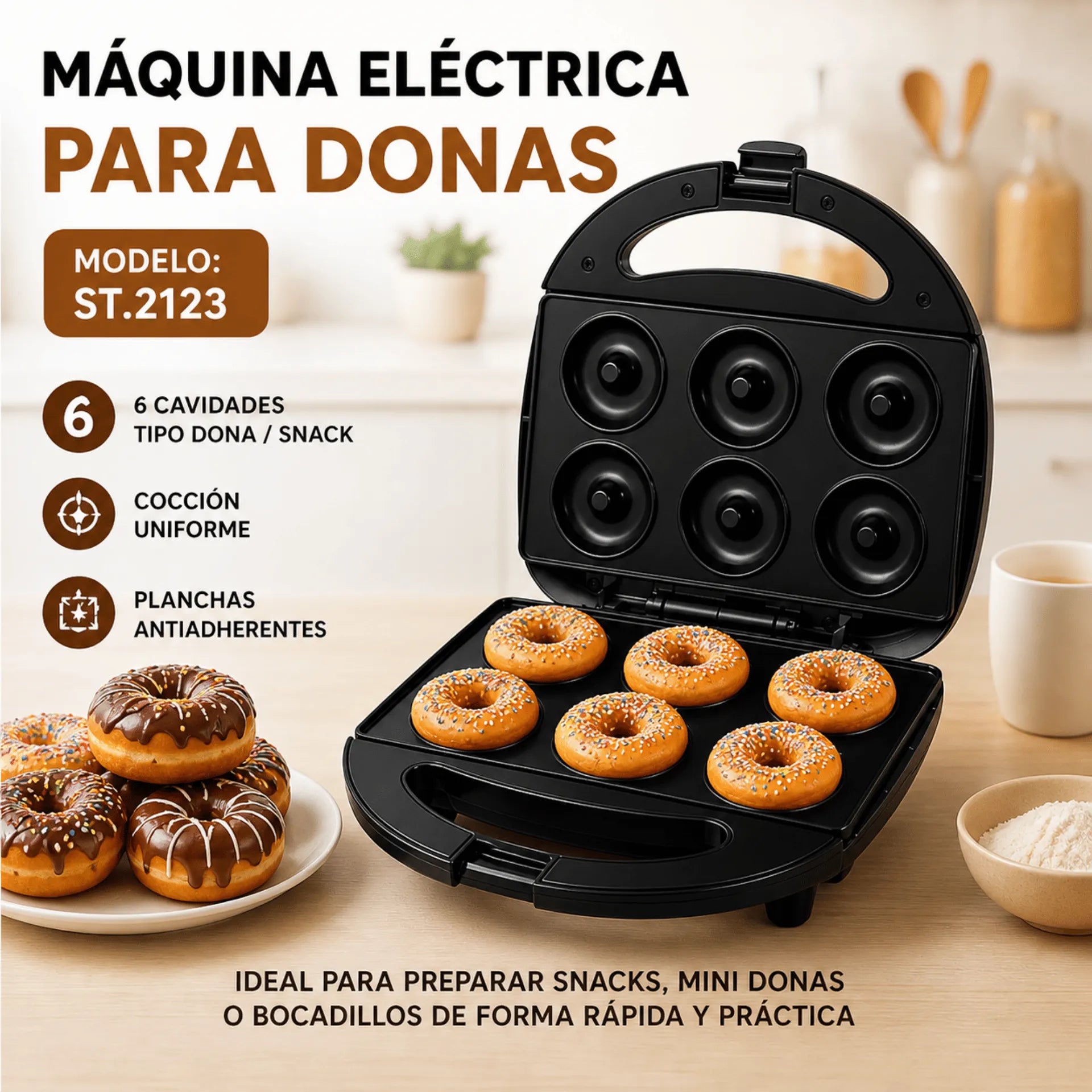 Máquina Para Hacer Donas Winning Star Con 6 Cavidades Antiadherentes y Potencia de 750W ST-2123