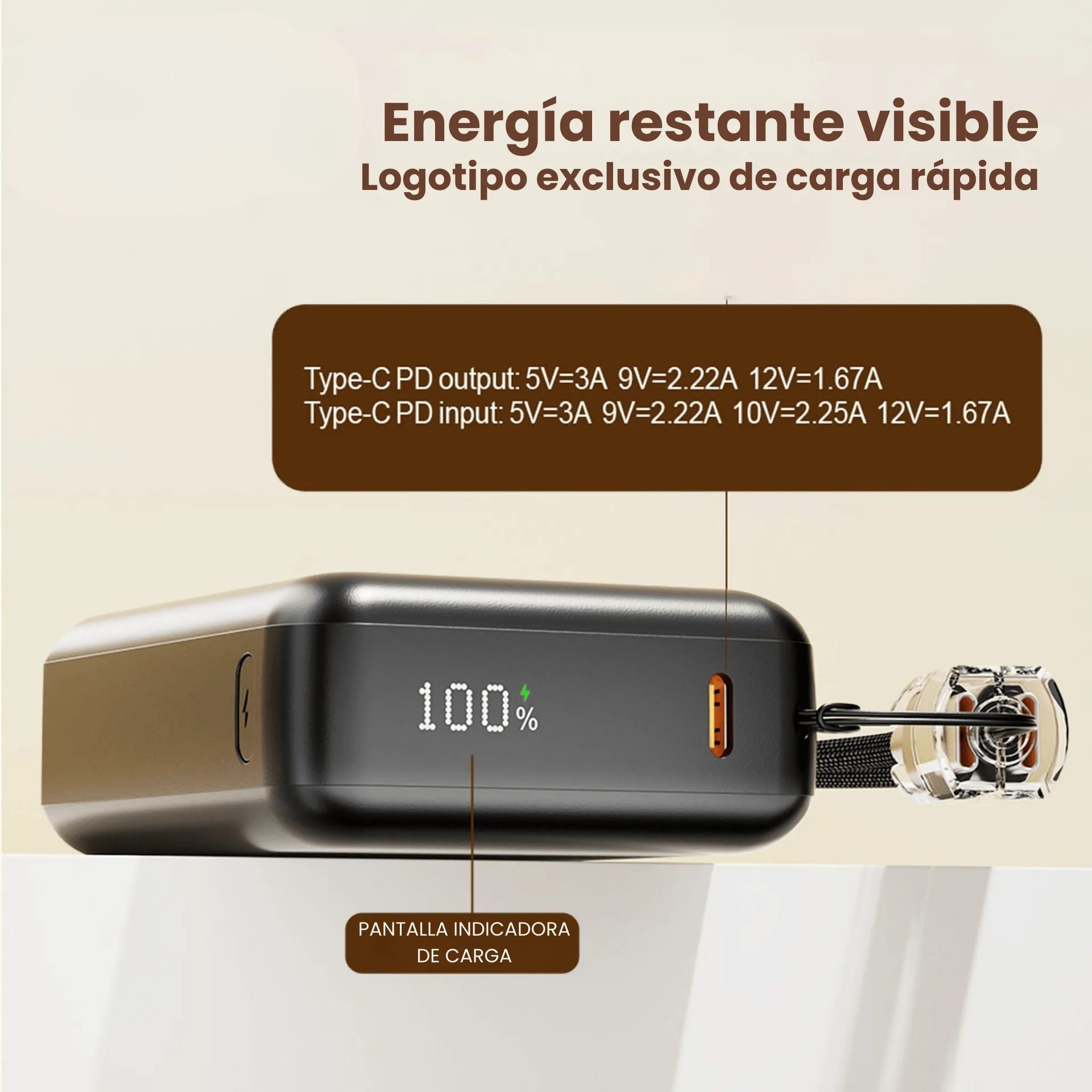 Power Bank 10.000 mAh Carga Rápida 22.5W y Cable Integrado PZX  V11
