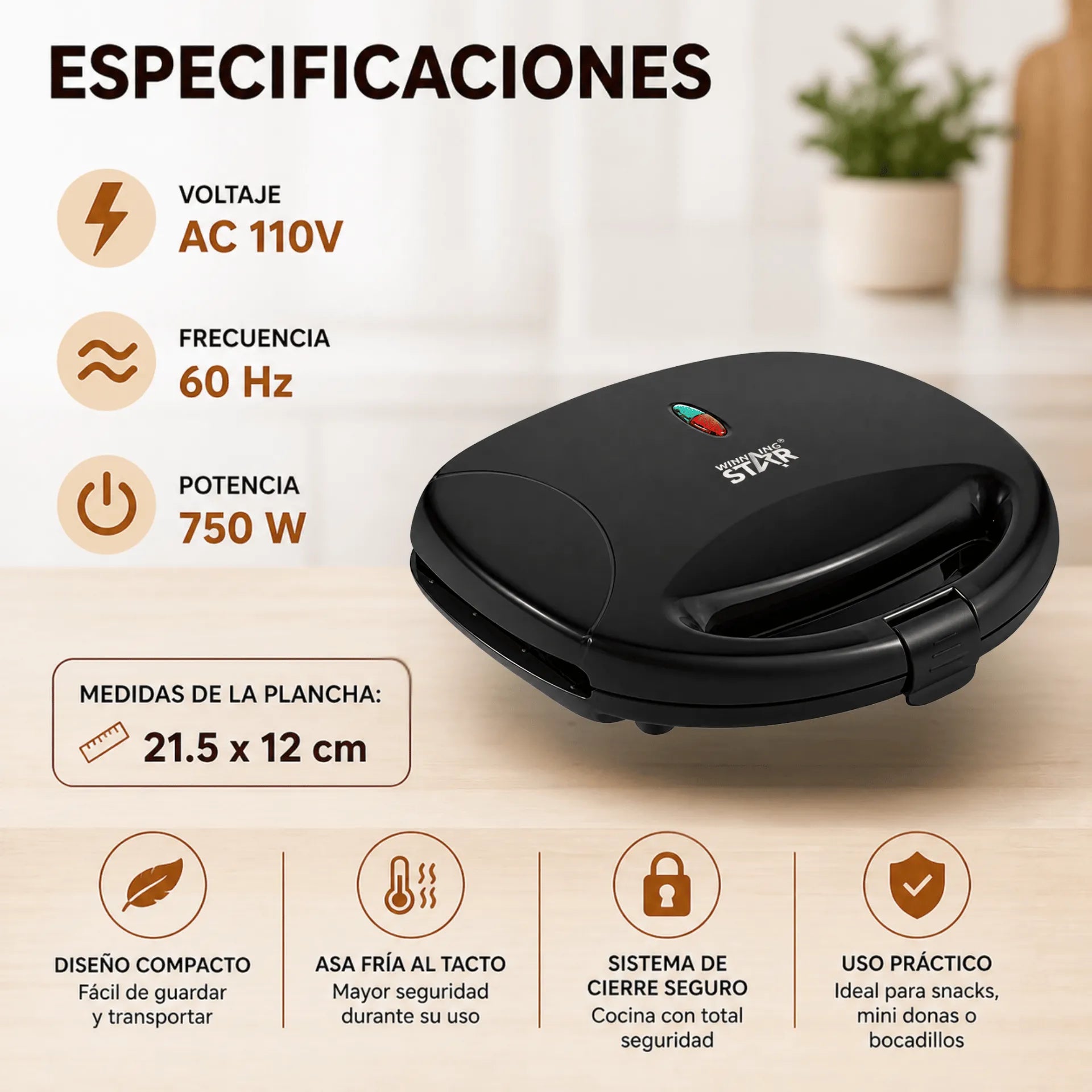 Máquina Para Hacer Donas Winning Star Con 6 Cavidades Antiadherentes y Potencia de 750W ST-2123