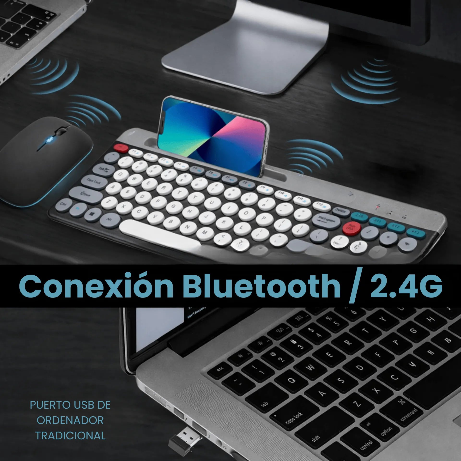 Combo De Teclado y Mouse Inalámbricos Recargables Con Bluetooth, Ranura Para Celular y Mouse Silencioso ZYG-806