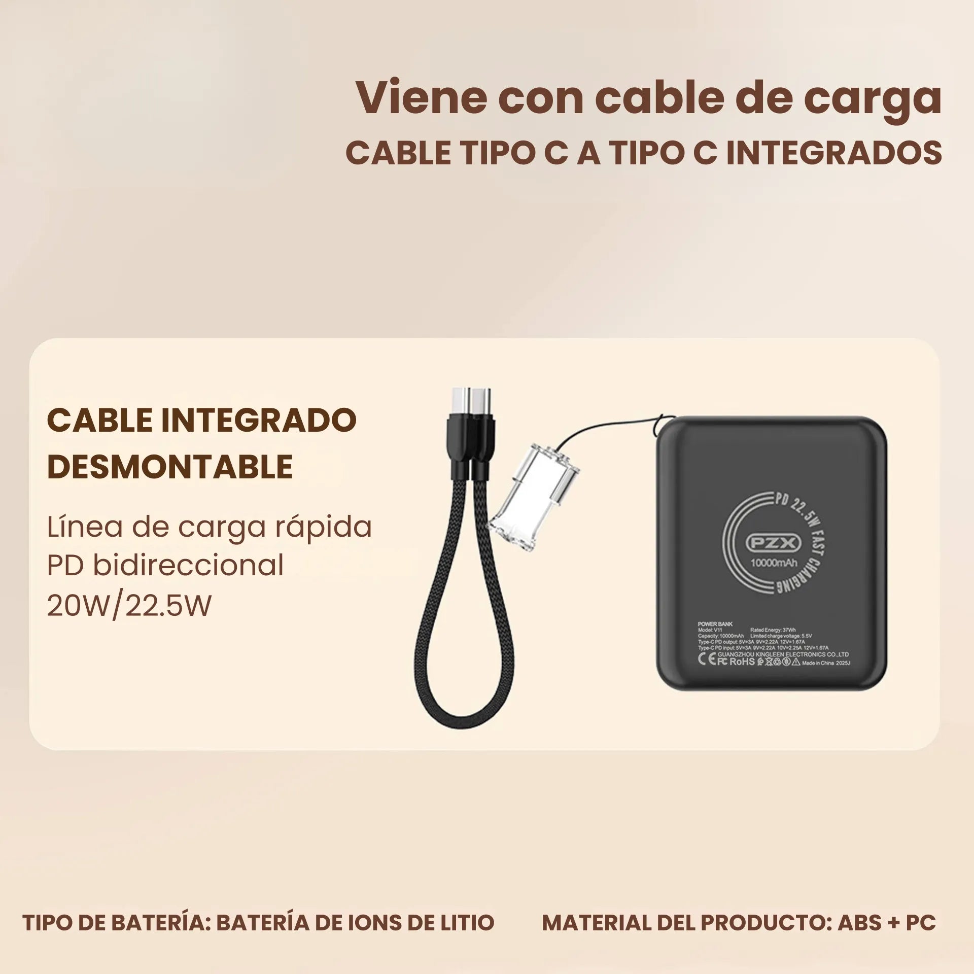 Power Bank 10.000 mAh Carga Rápida 22.5W y Cable Integrado PZX  V11