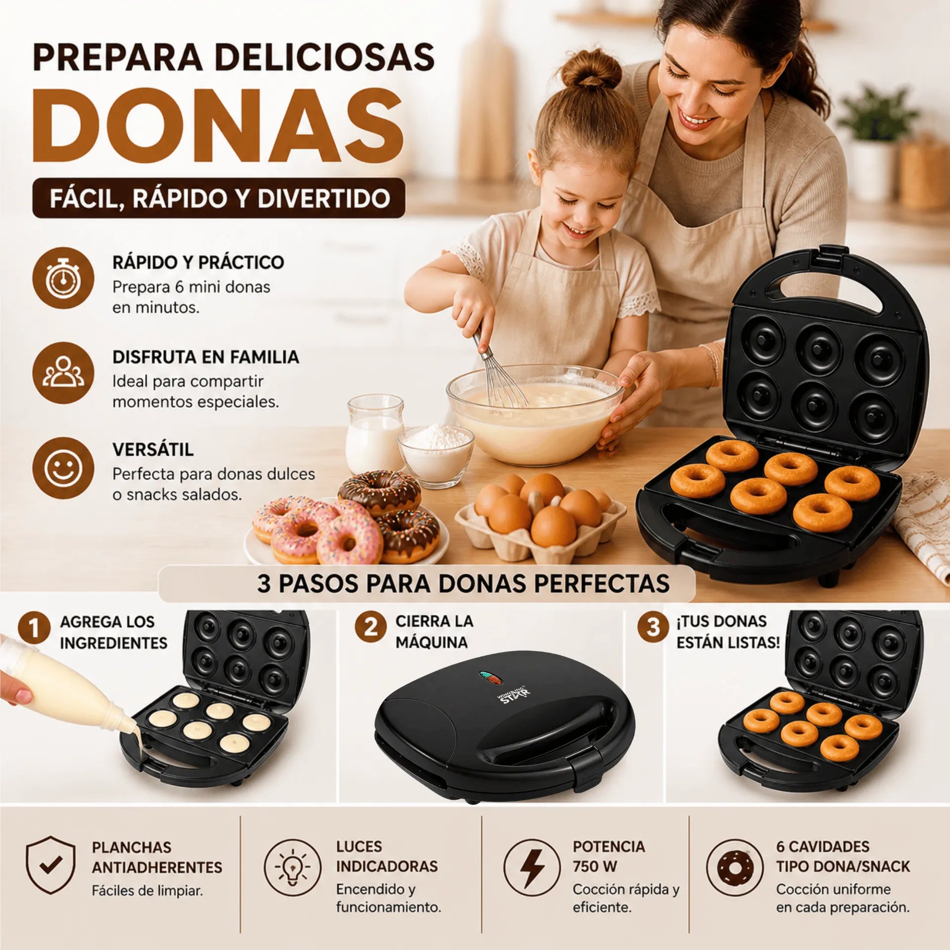 Máquina Para Hacer Donas Winning Star Con 6 Cavidades Antiadherentes y Potencia de 750W ST-2123