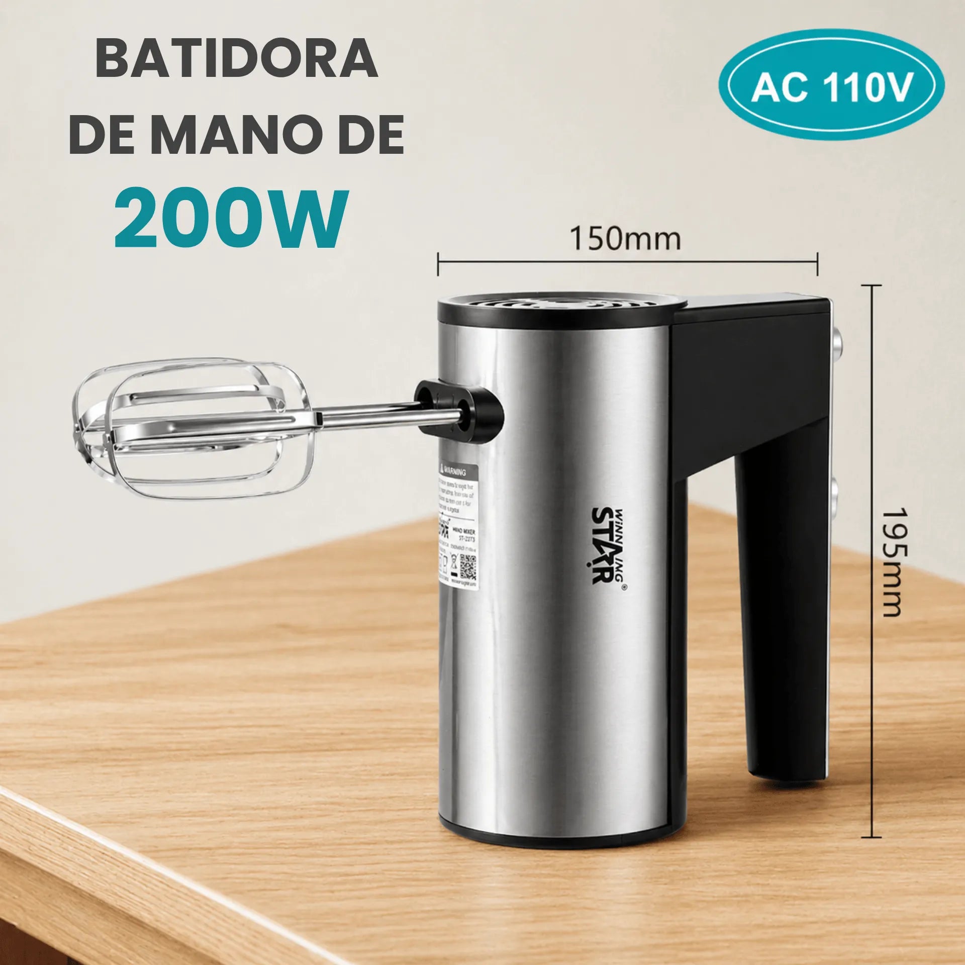 Batidora Eléctrica Winning Star Con 5 Velocidades, Ganchos Amasadores y Potencia de 200W ST-2273