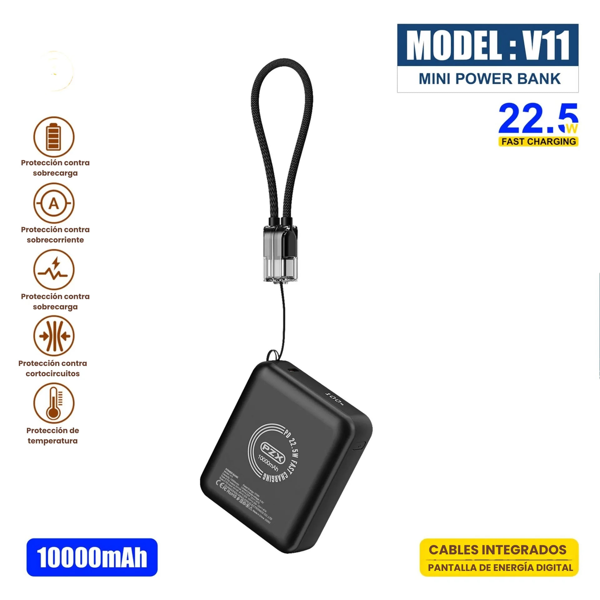 Power Bank 10.000 mAh Carga Rápida 22.5W y Cable Integrado PZX  V11