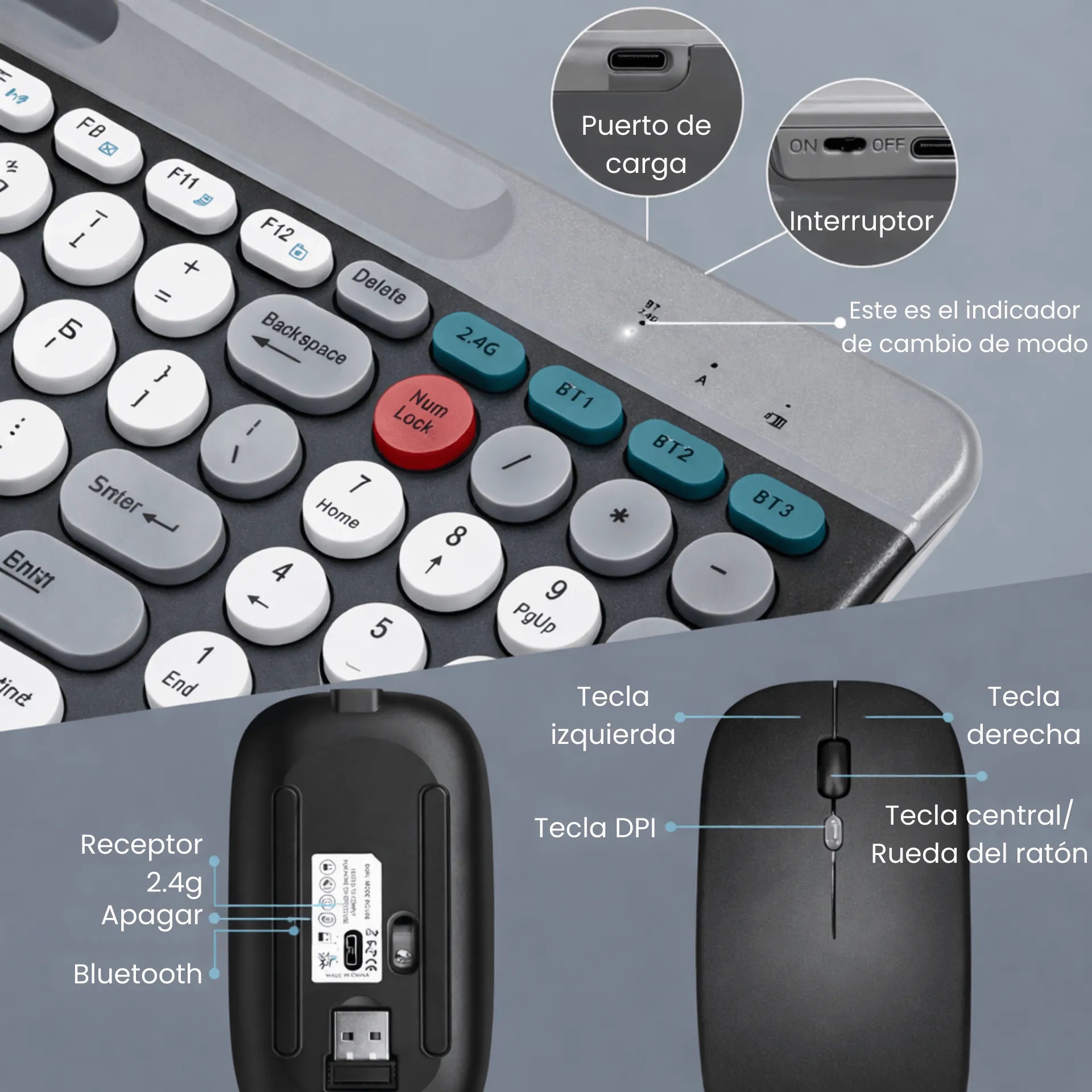 Combo De Teclado y Mouse Inalámbricos Recargables Con Bluetooth, Ranura Para Celular y Mouse Silencioso ZYG-806