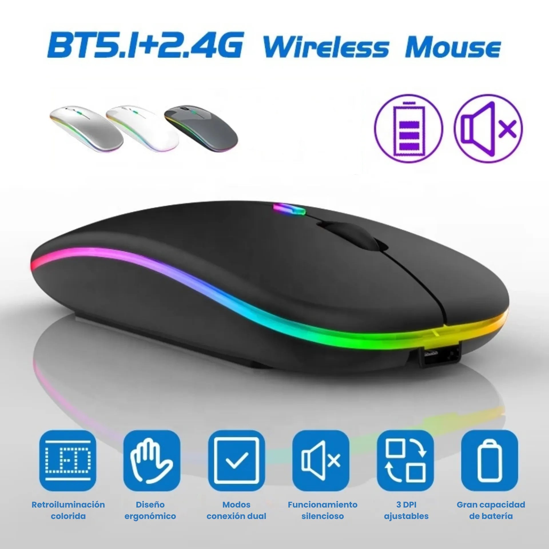 Mouse Inalámbrico Recargable Bluetooth Y USB 2.4G Con Luz RGB Jertech JR3