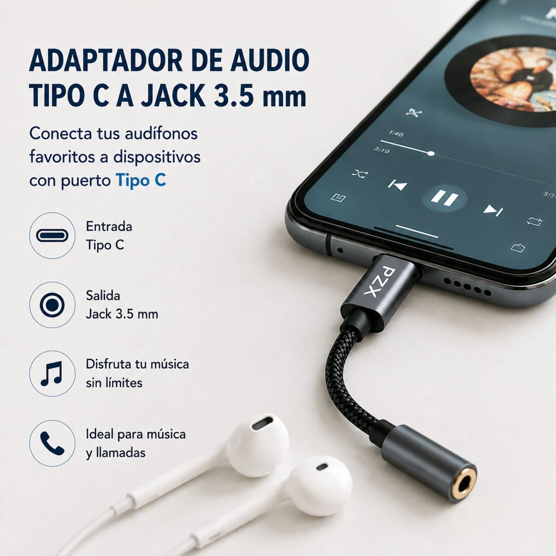 Adaptador De Audio Tipo C A Jack 3.5 mm Para Audífonos PZX