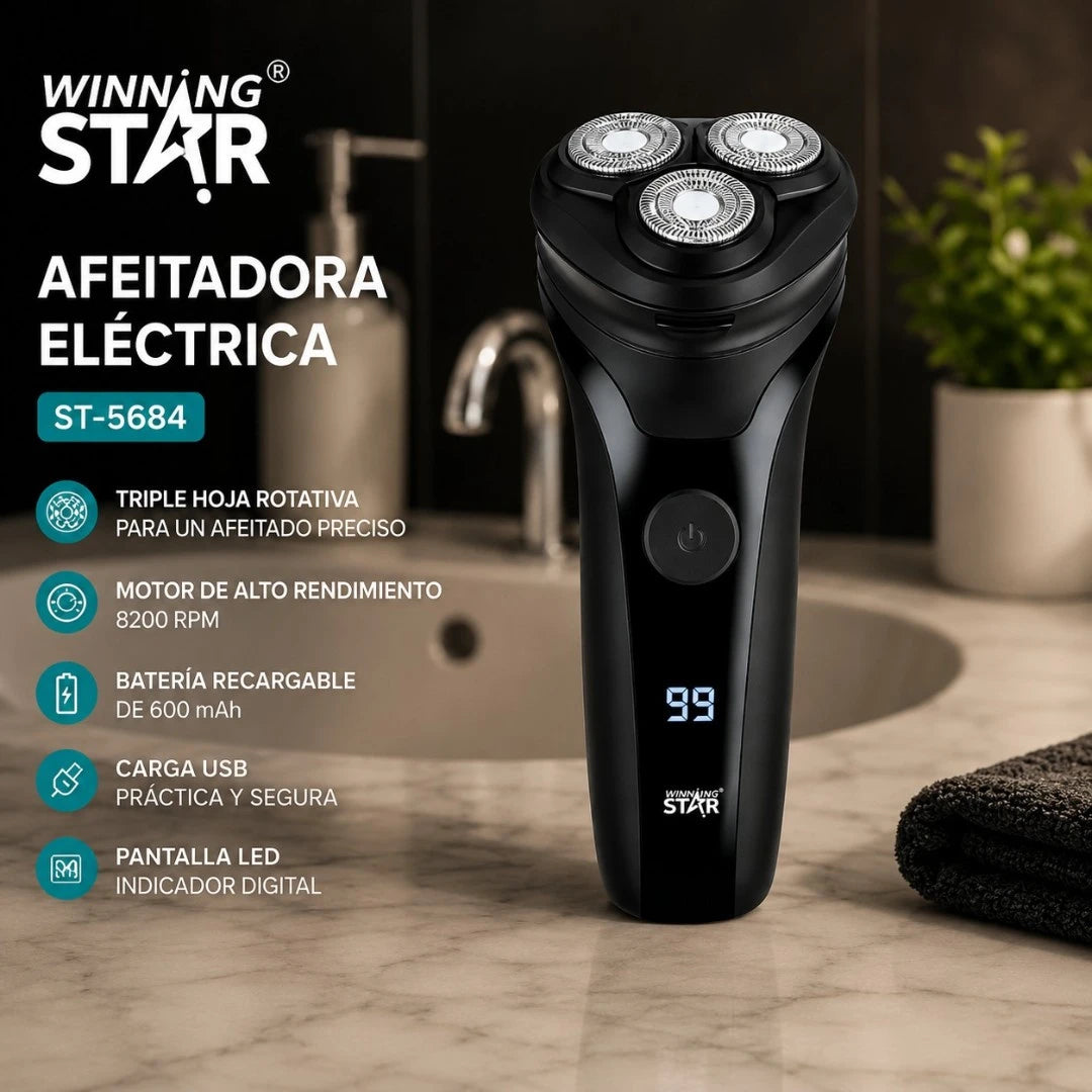 Afeitadora Eléctrica Recargable Winning Star Triple Hoja Con Pantalla LED ST-5684