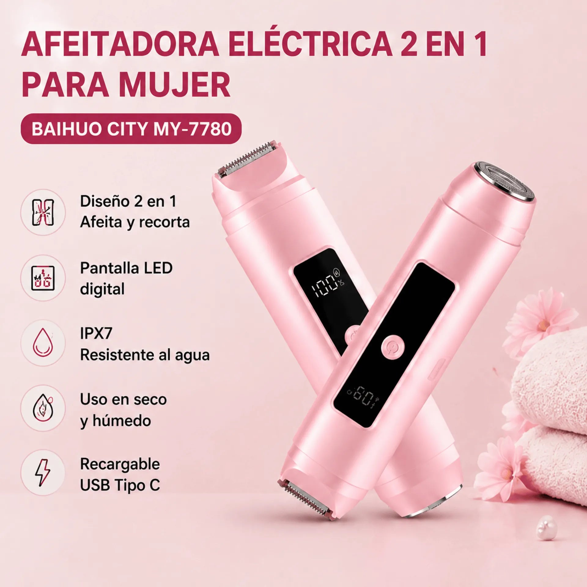 Depiladora Eléctrica 2 En 1 Para Mujer Baihuo City Recargable IPX7 MY-7780