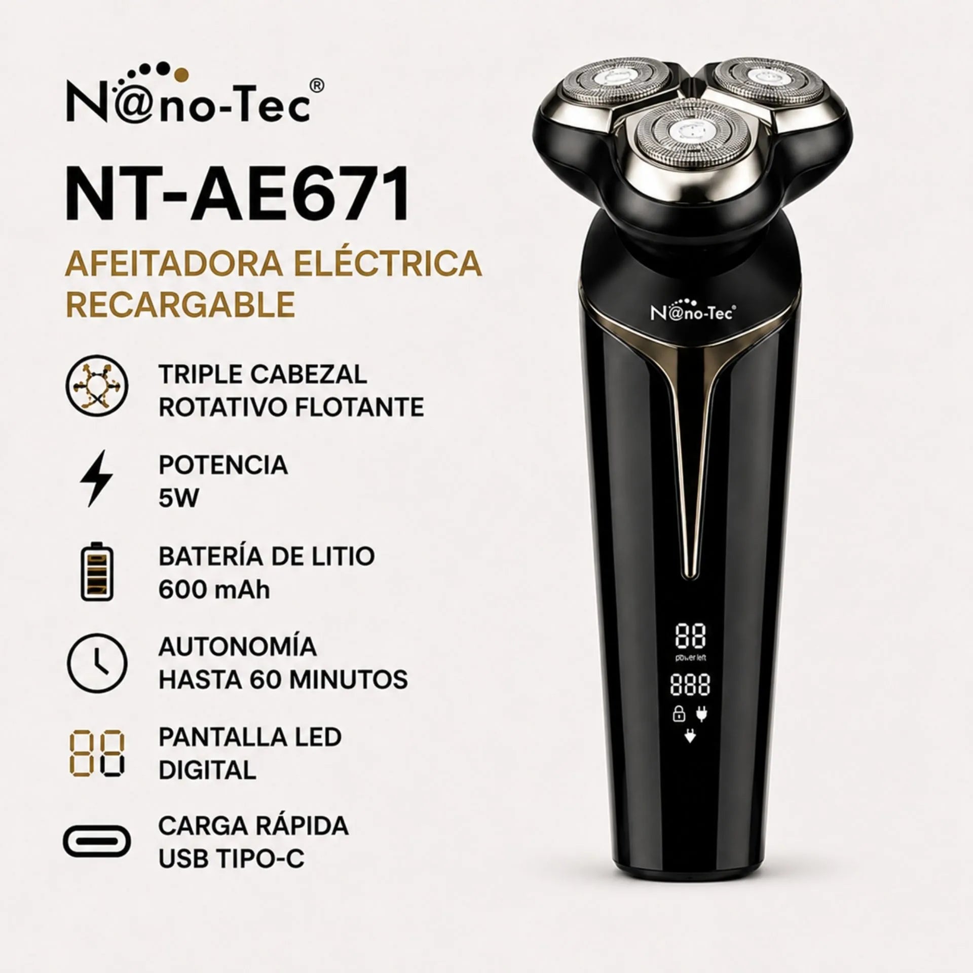 Afeitadora Eléctrica Recargable Nano-Tec De Triple Cabezal Con Pantalla Digital NT-AE671