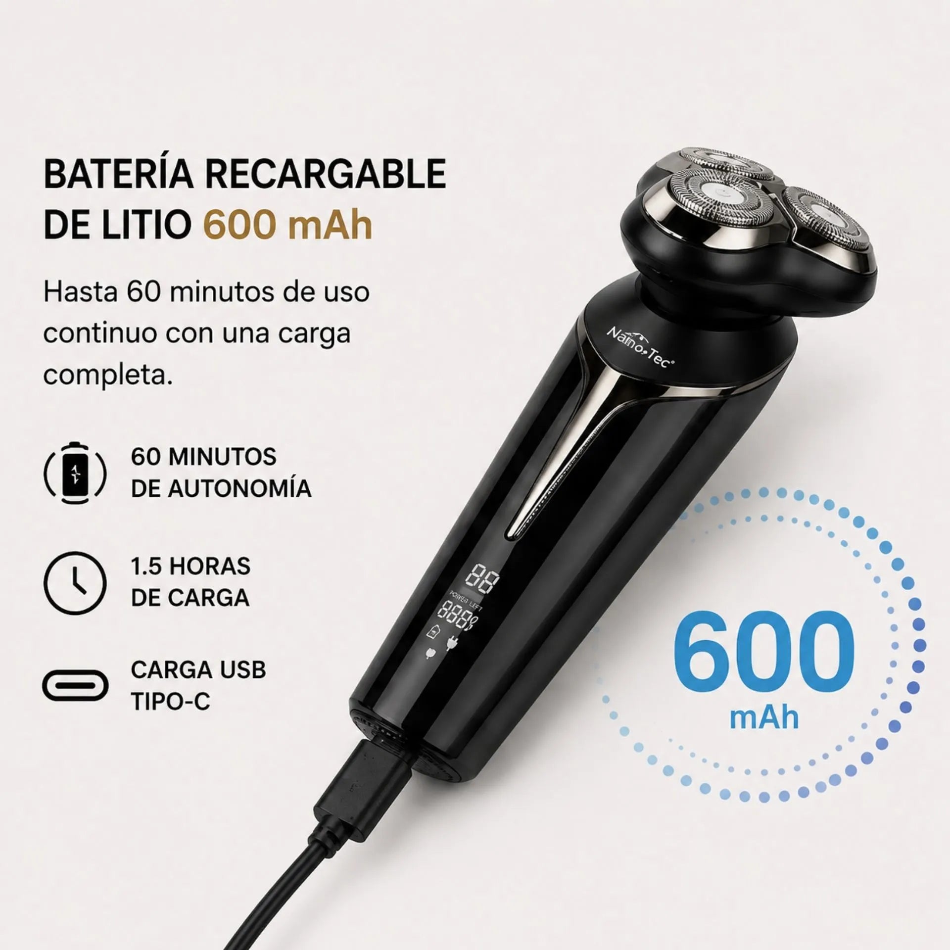 Afeitadora Eléctrica Recargable Nano-Tec De Triple Cabezal Con Pantalla Digital NT-AE671