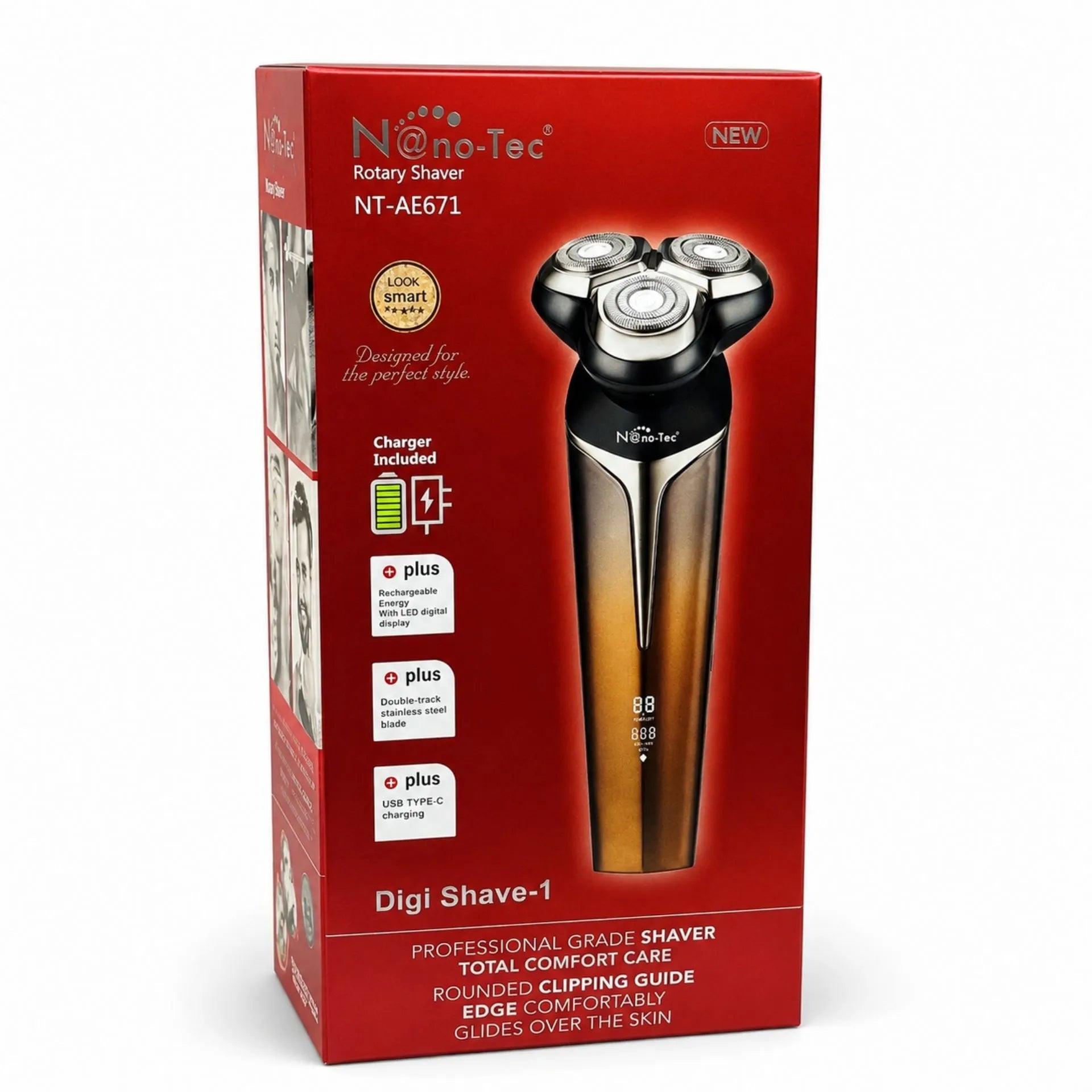 Afeitadora Eléctrica Recargable Nano-Tec De Triple Cabezal Con Pantalla Digital NT-AE671