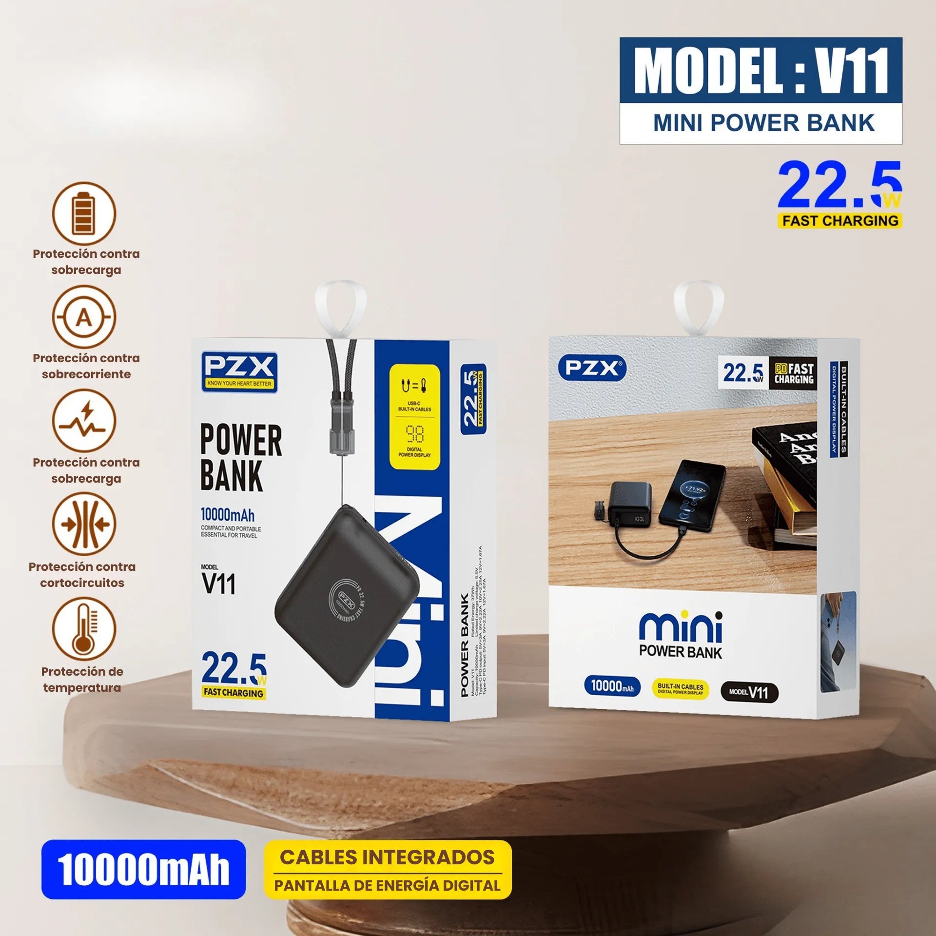 Power Bank 10.000 mAh Carga Rápida 22.5W y Cable Integrado PZX  V11
