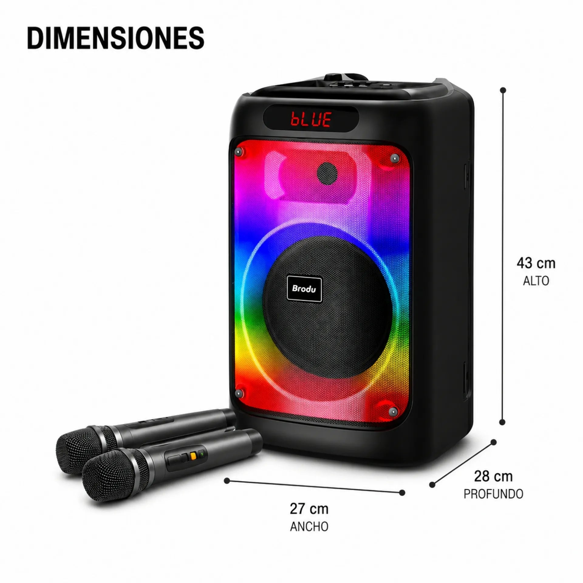 Parlante Cabina Bluetooth 8 Pulgadas Recargable Con Luces RGB Y Micrófonos Brodu BTS-2102