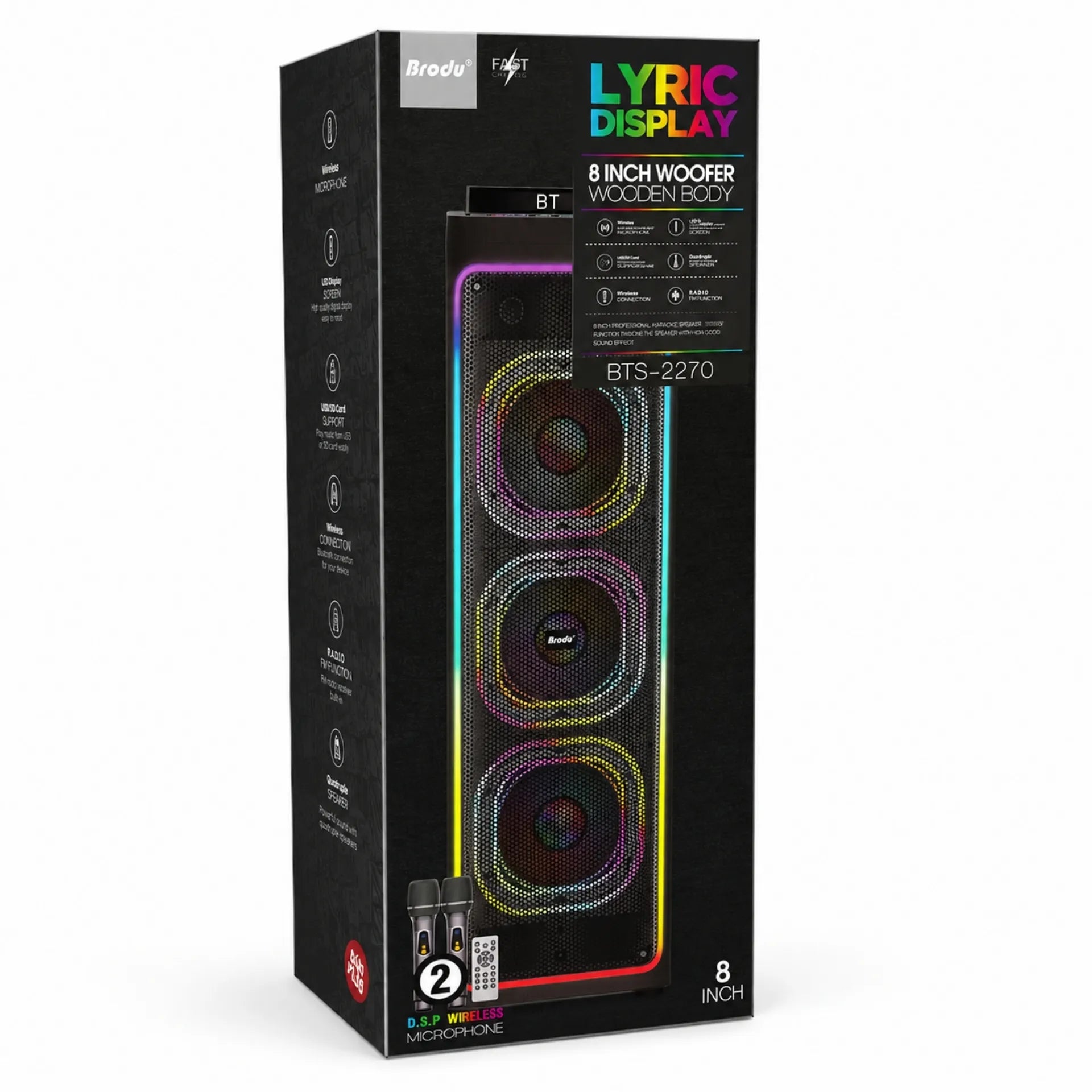 Parlante Cabina Bluetooth Triple Bocina De 8 Pulgadas Con Luces RGB Y Microfonos Brodu BTS-2270