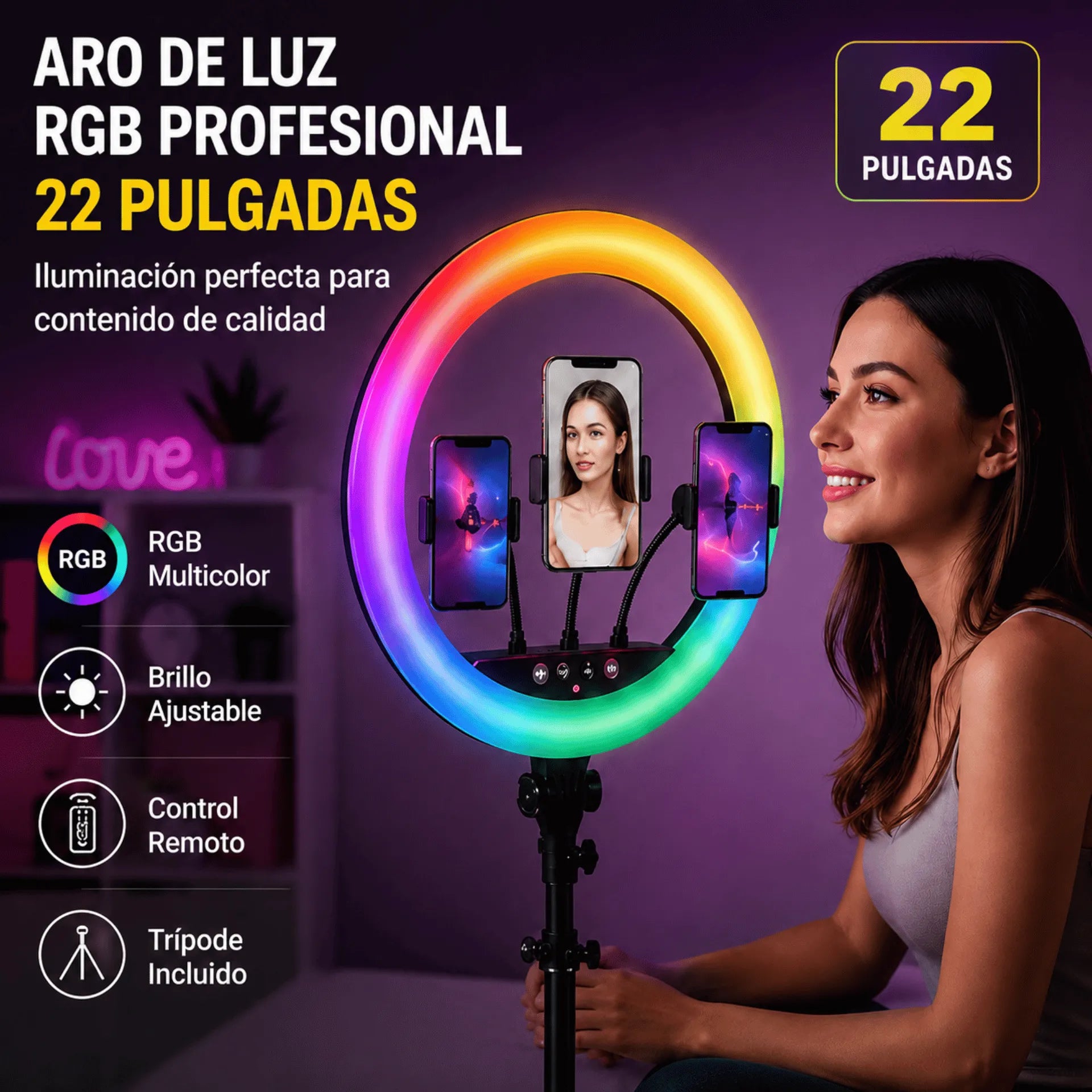 Aro De Luz RGB Profesional 56CM Con Trípode Y 3 Soportes Baihuo City MY-7352