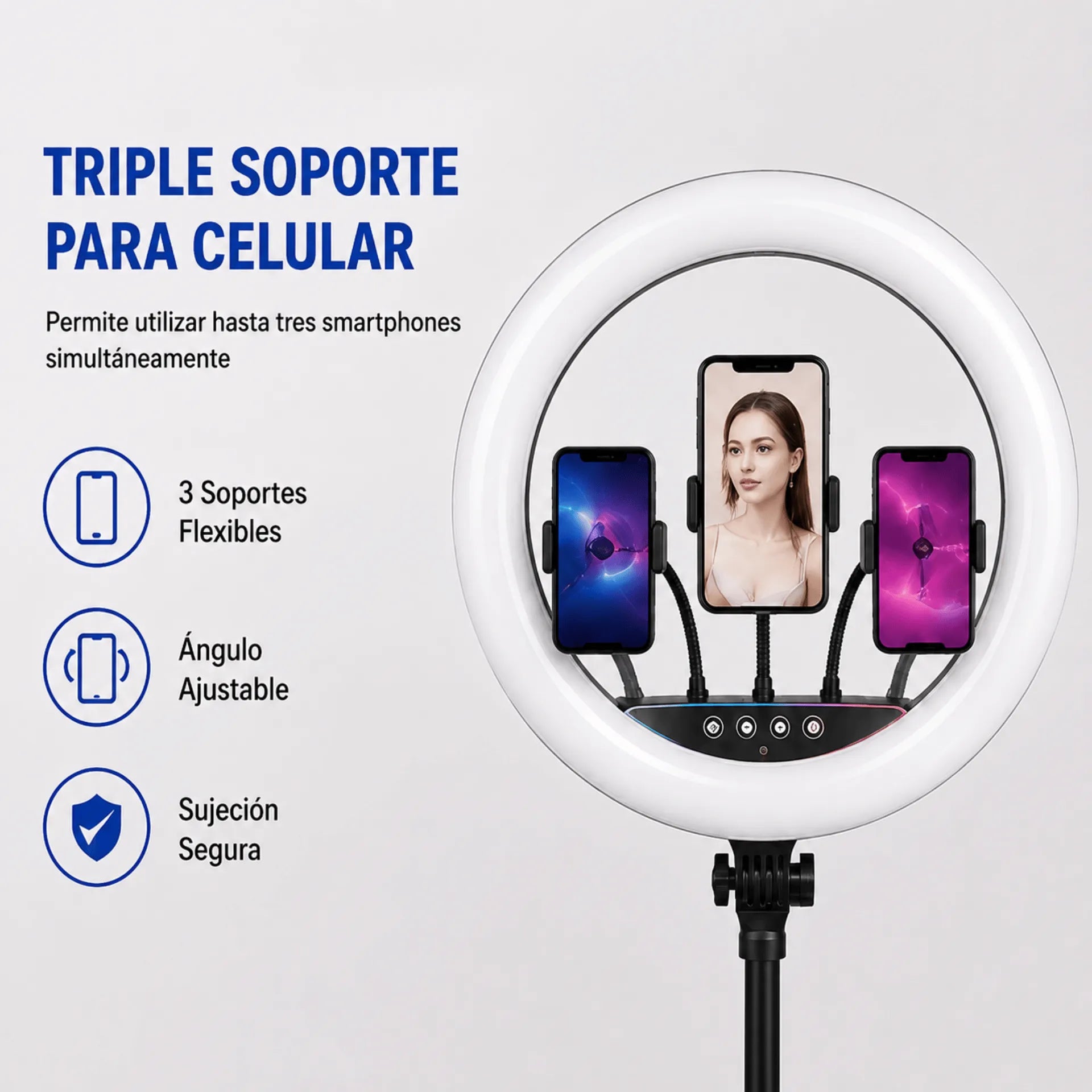 Aro De Luz RGB Profesional 56CM Con Trípode Y 3 Soportes Baihuo City MY-7352