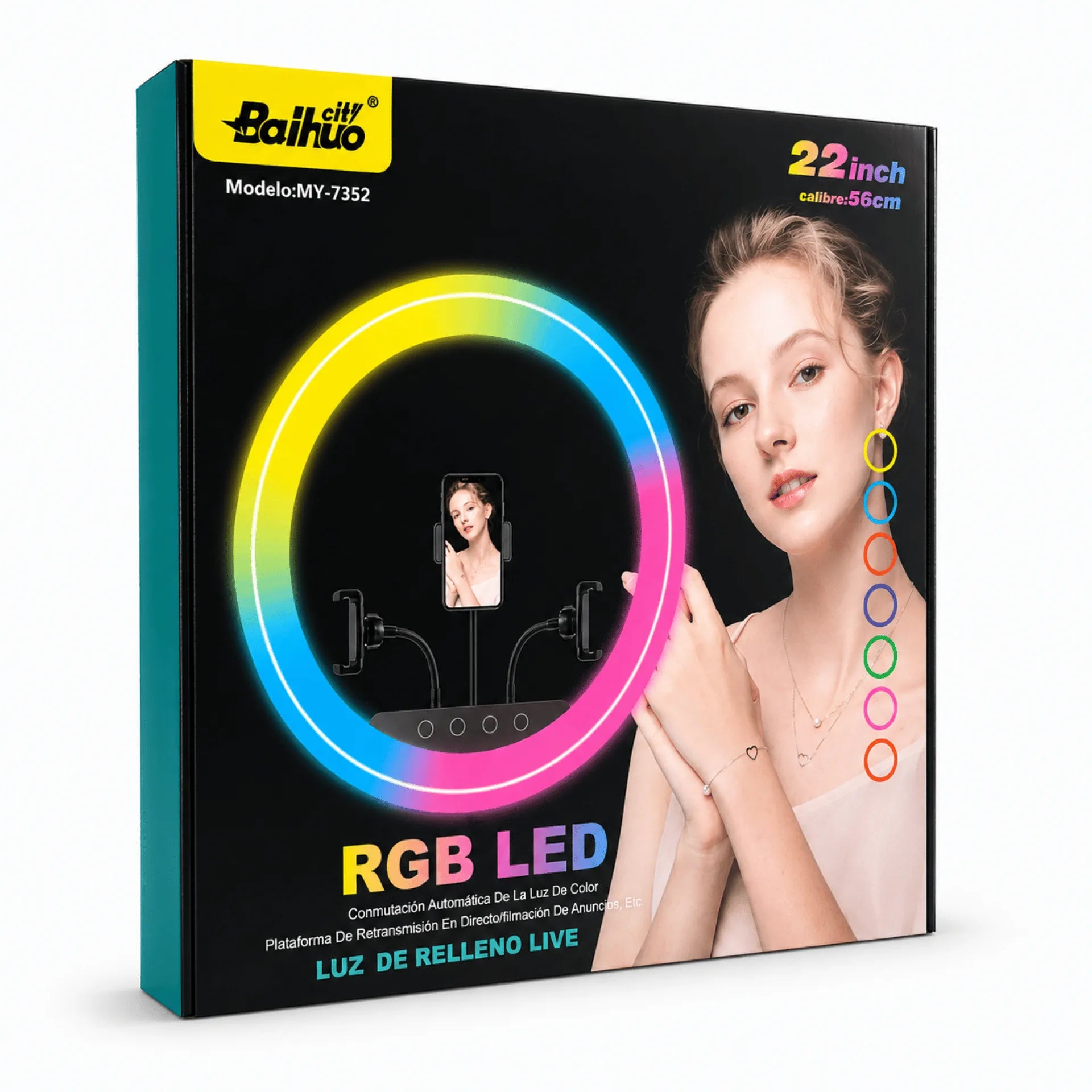 Aro De Luz RGB Profesional 56CM Con Trípode Y 3 Soportes Baihuo City MY-7352