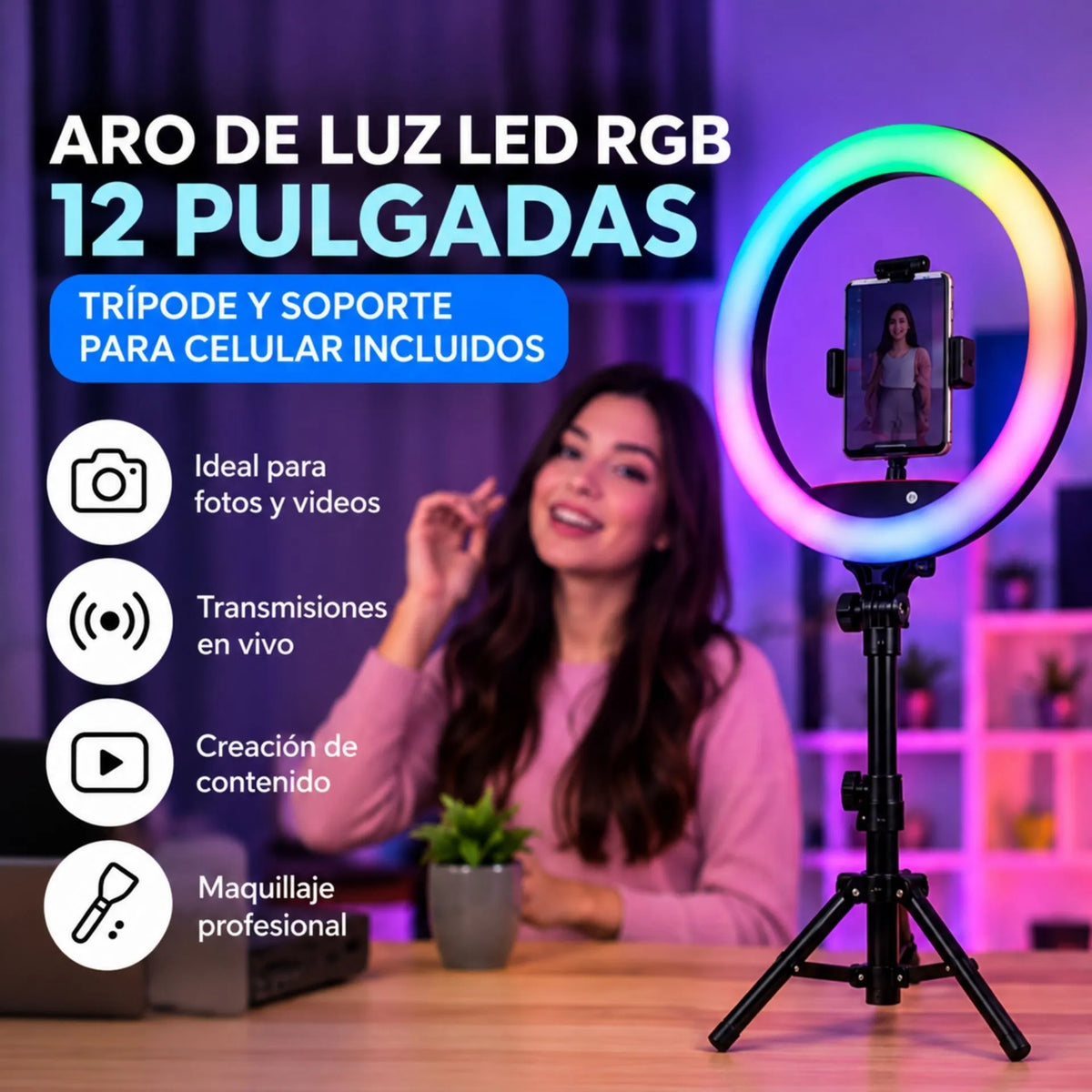 Aro De Luz LED RGB De 12 Pulgadas Con Trípode Y Soporte Para Celular Baihuo City MY-7181