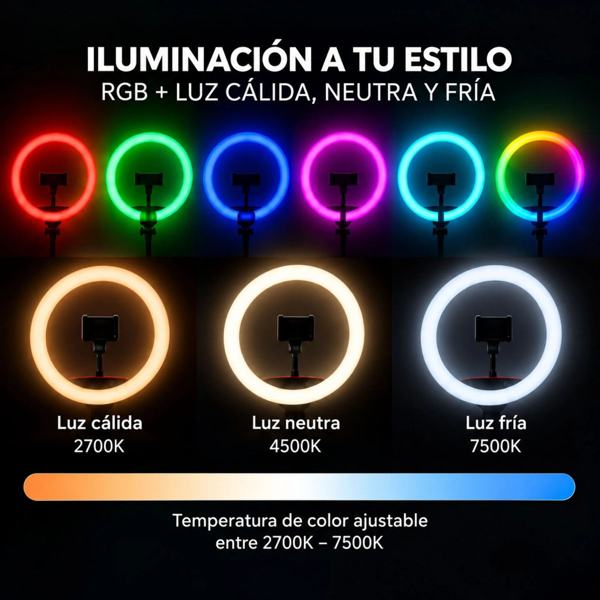 Aro De Luz LED RGB De 12 Pulgadas Con Trípode Y Soporte Para Celular Baihuo City MY-7181