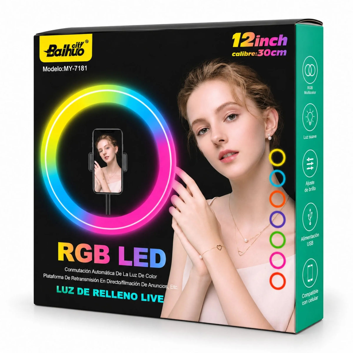 Aro De Luz LED RGB De 12 Pulgadas Con Trípode Y Soporte Para Celular Baihuo City MY-7181