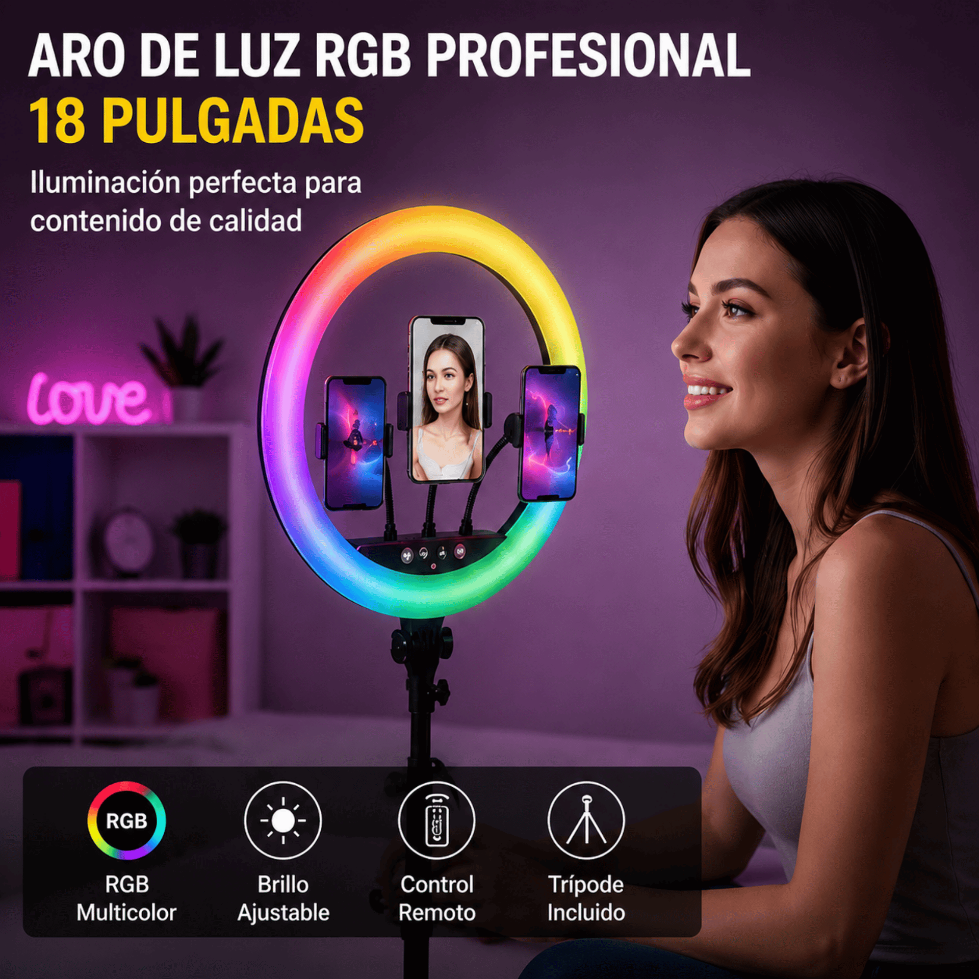 Aro De Luz RGB Profesional 45CM Con Trípode Y 3 Soportes Baihuo City MY-7183