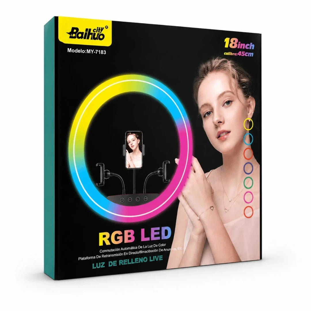 Aro De Luz RGB Profesional 45CM Con Trípode Y 3 Soportes Baihuo City MY-7183