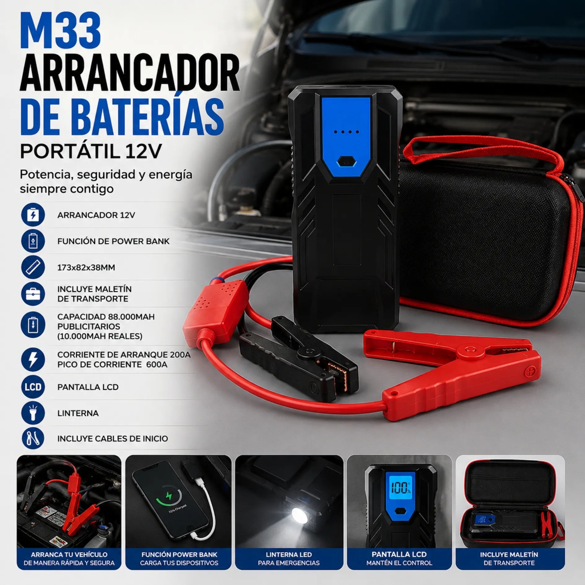 Kit Arrancador De Batería 12V Para Carro Y Moto Con Power Bank Y Linterna LED M33