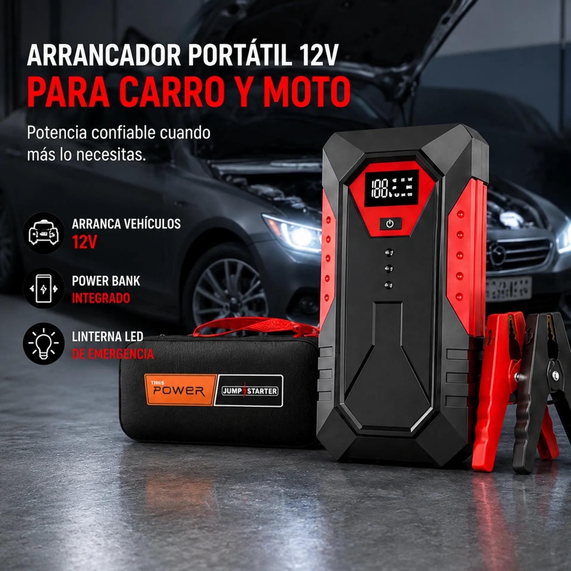 Kit Arrancador De Batería 12V Para Carro Y Moto Con Power Bank Y Linterna LED M33