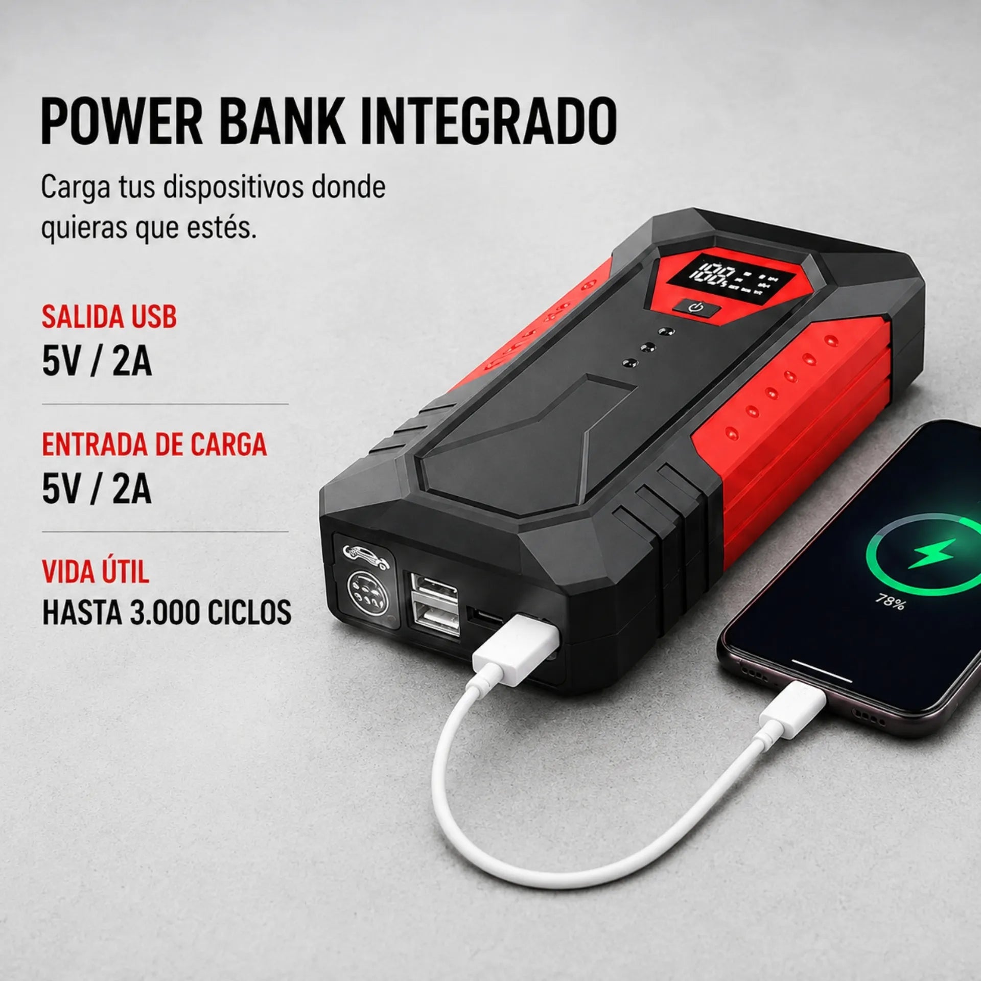 Kit Arrancador De Batería 12V Para Carro Y Moto Con Power Bank Y Linterna LED M33