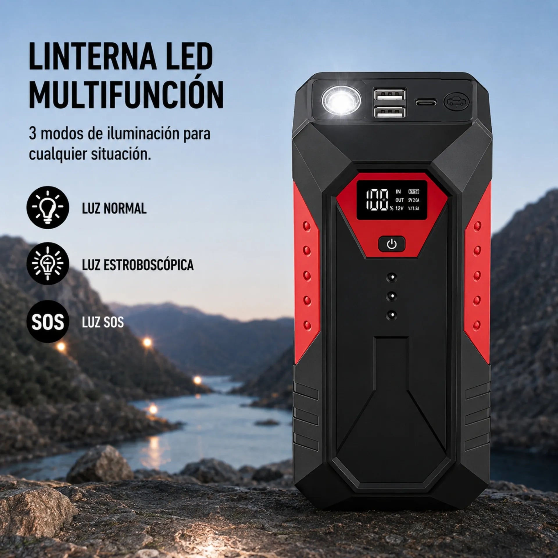 Kit Arrancador De Batería 12V Para Carro Y Moto Con Power Bank Y Linterna LED M33