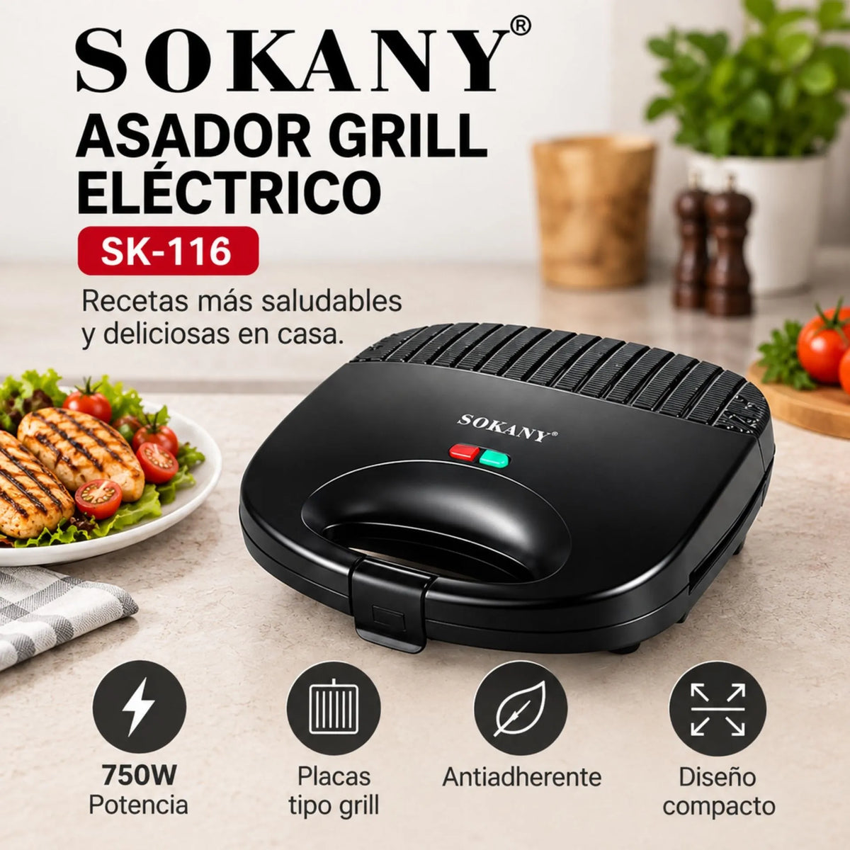 Asador Grill Eléctrico 750W Con Placas Antiadherentes Y Calentamiento Rápido Sokany SK-116 B2B