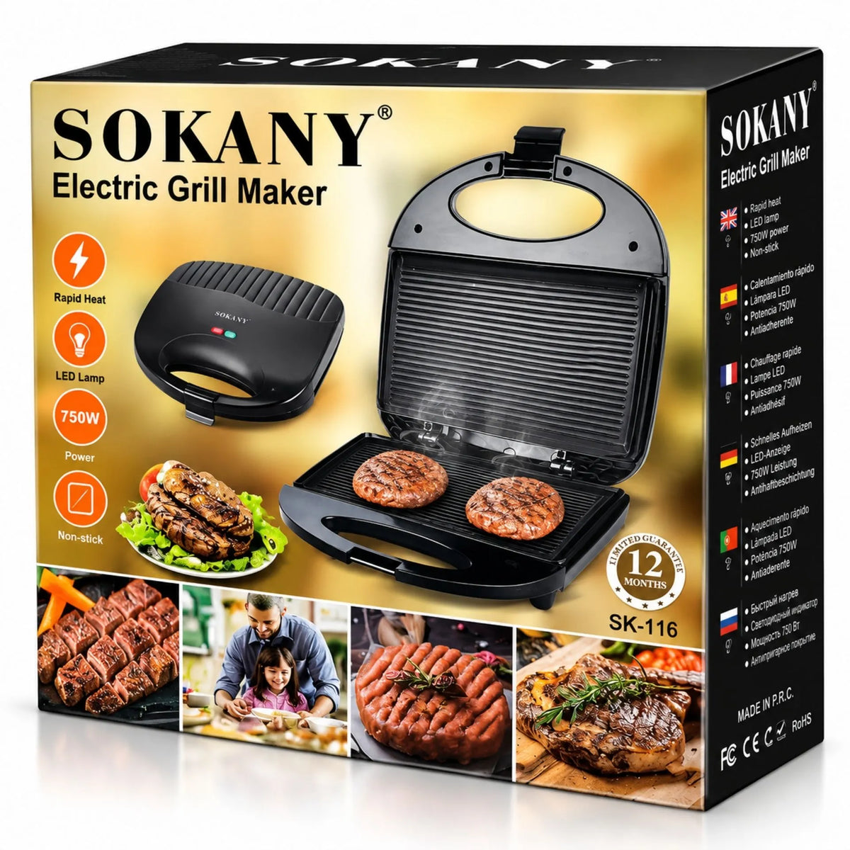 Asador Grill Eléctrico 750W Con Placas Antiadherentes Y Calentamiento Rápido Sokany SK-116