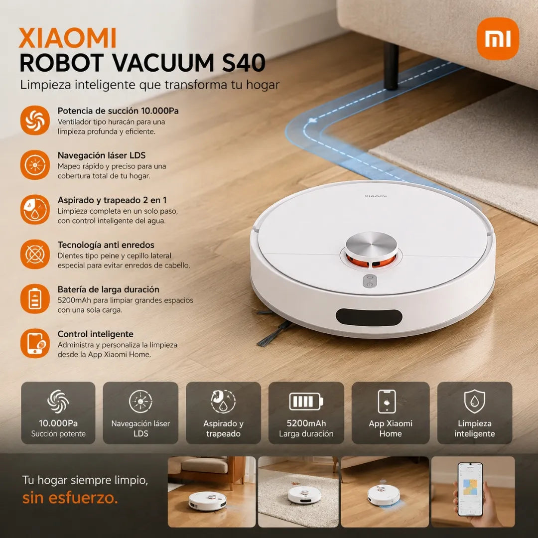 Aspiradora Robot Xiaomi Vacuum S40 Con Navegación Láser Y Potencia De Succión 10000Pa BHR0847US