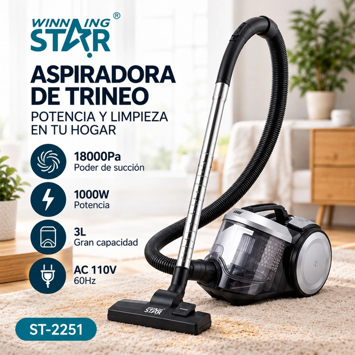 Aspiradora De Trineo 1000W Con Succión De 18000Pa Y Depósito De 3L Winning Star ST-2251 B2B