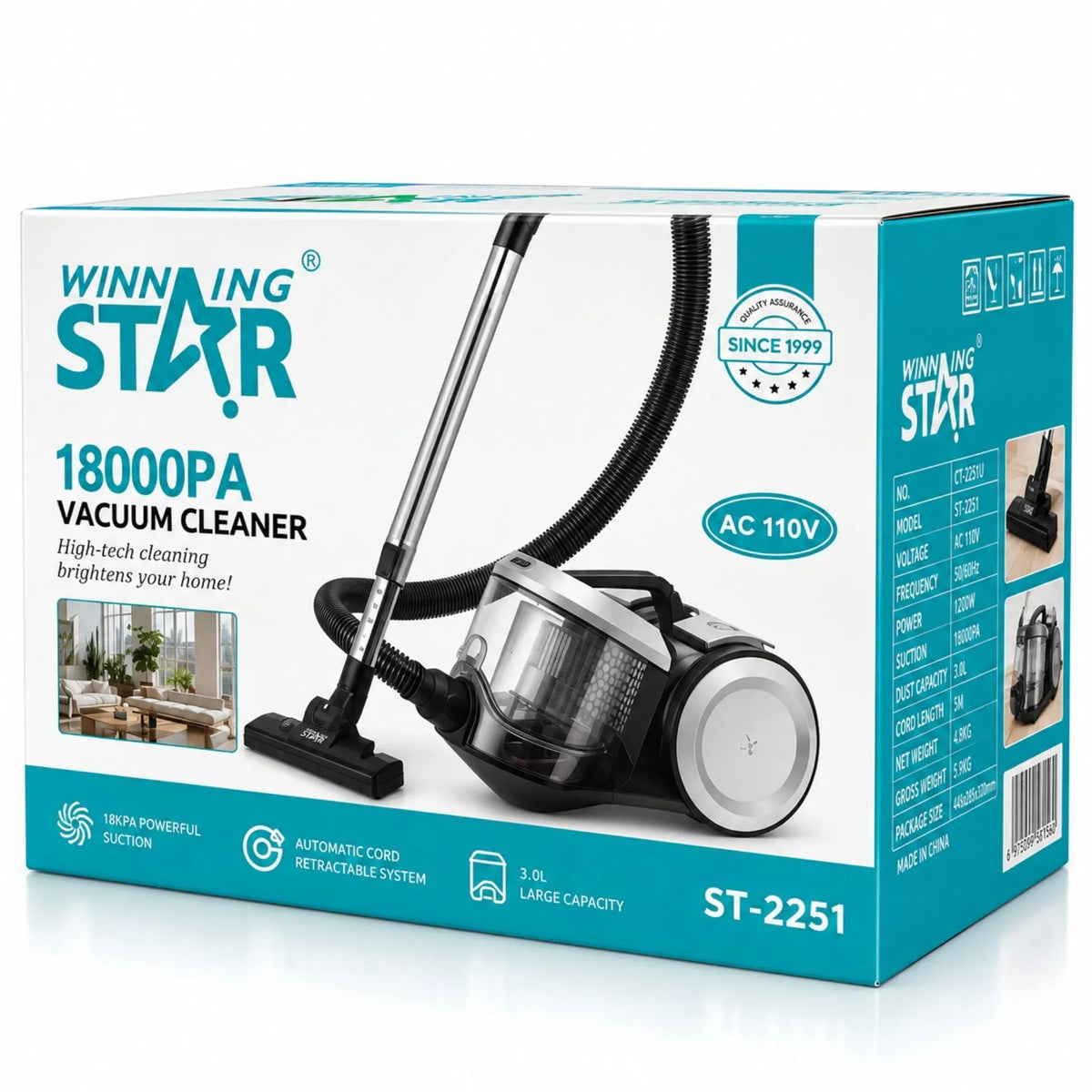 Aspiradora De Trineo 1000W Con Succión De 18000Pa Y Depósito De 3L Winning Star ST-2251 B2B