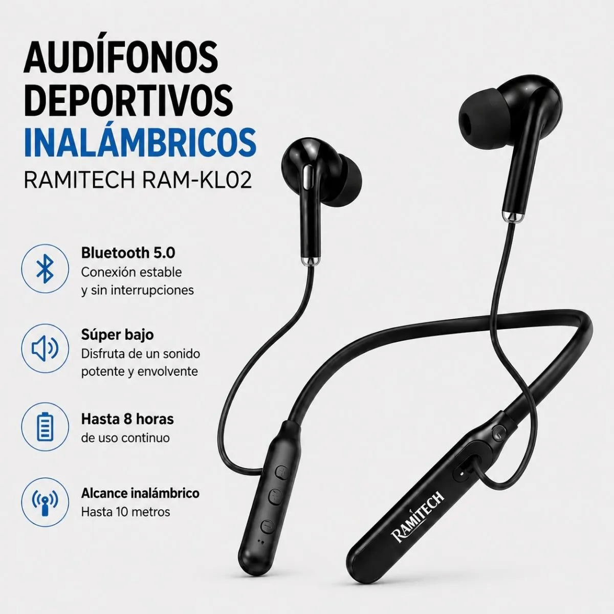 Audífonos Deportivos Inalámbricos Bluetooth 5.0 Con Súper Bajo Ramitech RAM-KL02