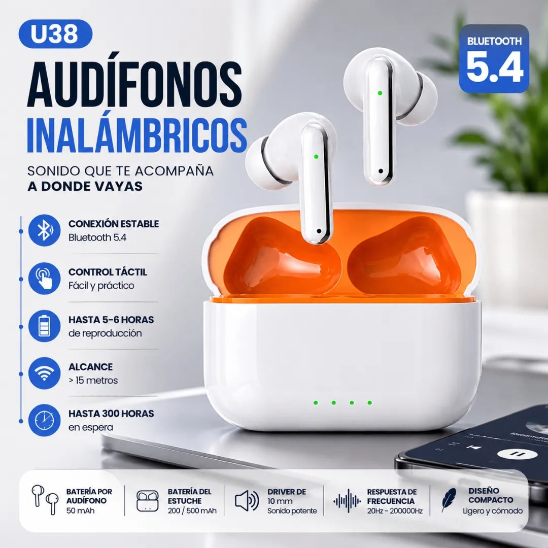 Audífonos Inalámbricos Bluetooth 5.4 Recargables Con Control Táctil U38