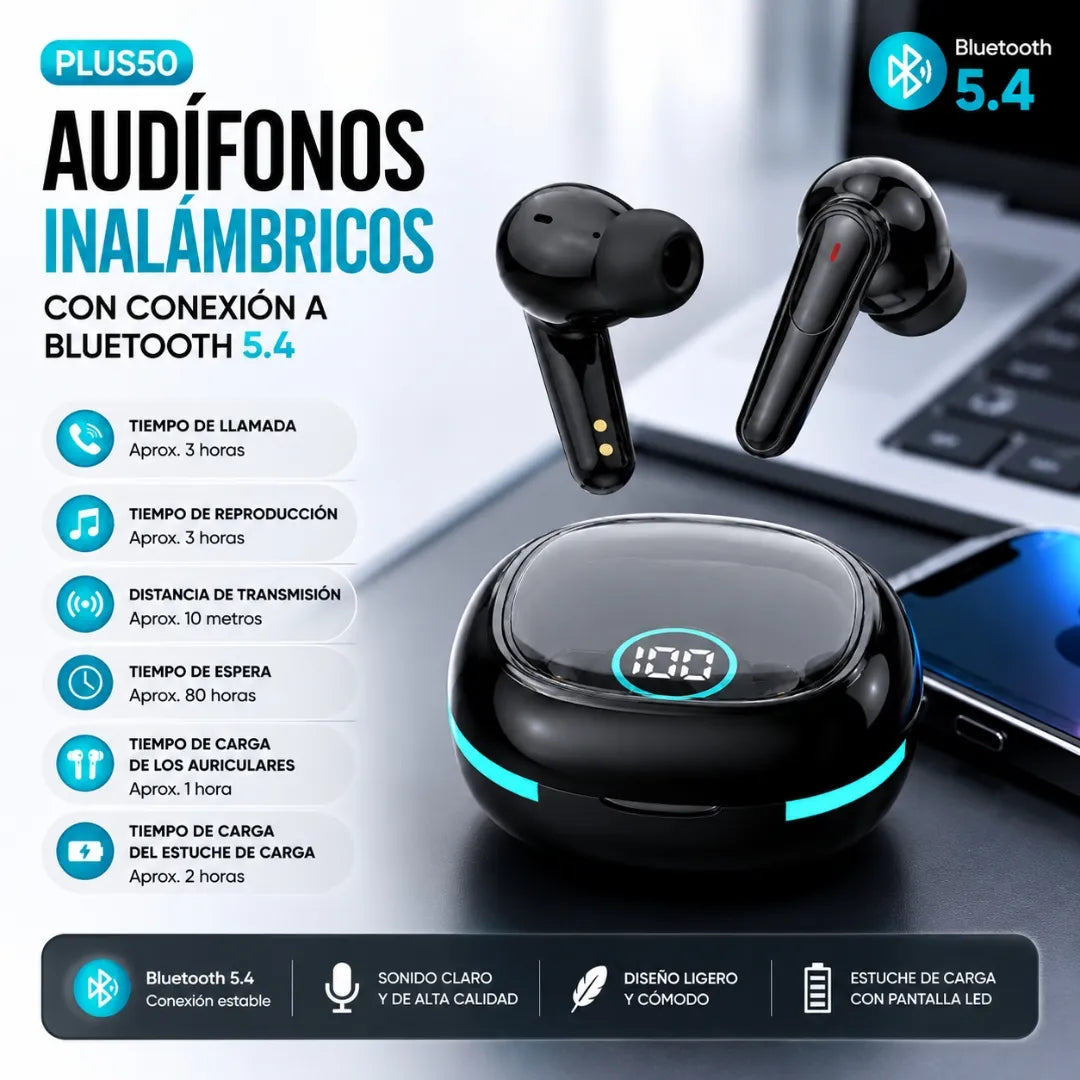 Audífonos Inalámbricos Bluetooth 5.4 Recargables Con Estuche De Carga PLUS50