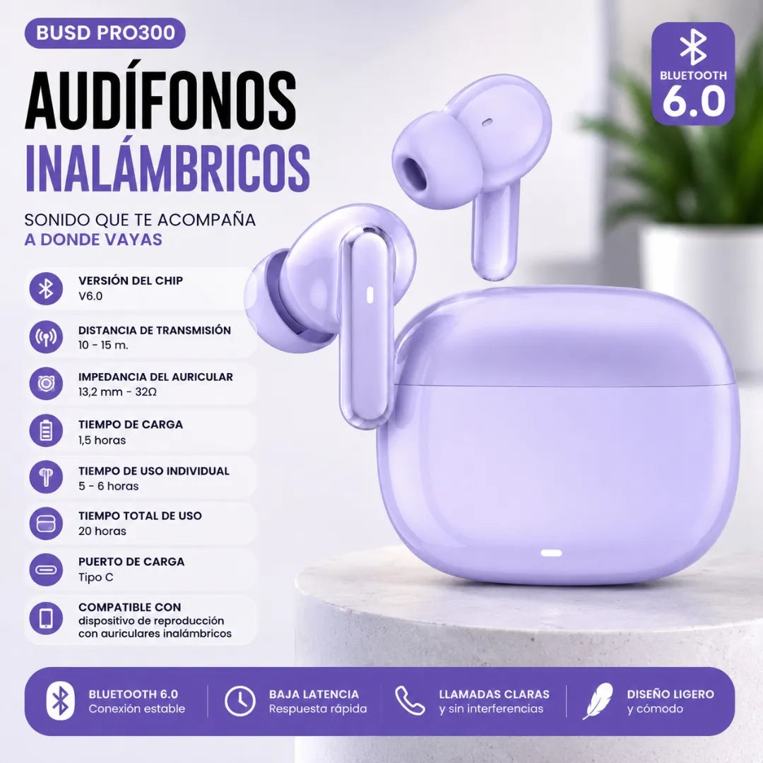 Audífonos Inalámbricos Bluetooth 6.0 Con Estuche Recargable Tipo C BUSD PRO300