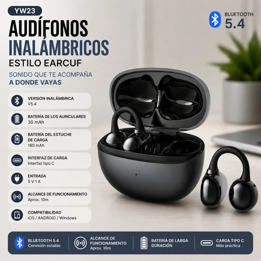 Audífonos Inalámbricos Estilo Earcuff Con Bluetooth 5.4 Y Estuche Recargable YW23