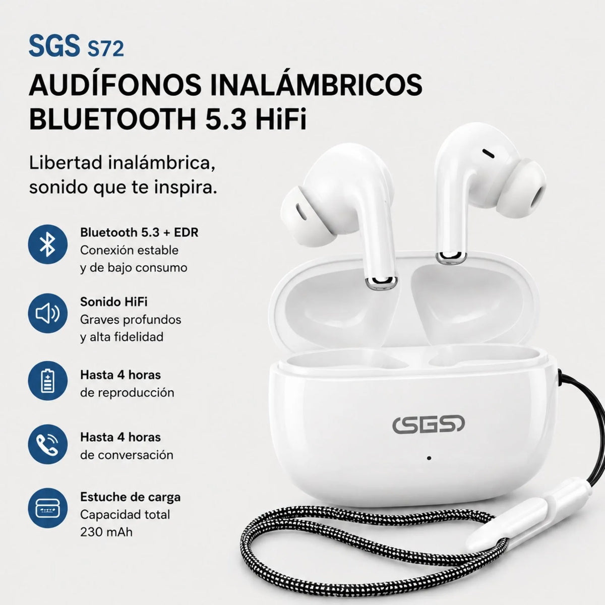 Audífonos Inalámbricos Bluetooth 5.3 HiFi Con Estuche De Carga SGS S72
