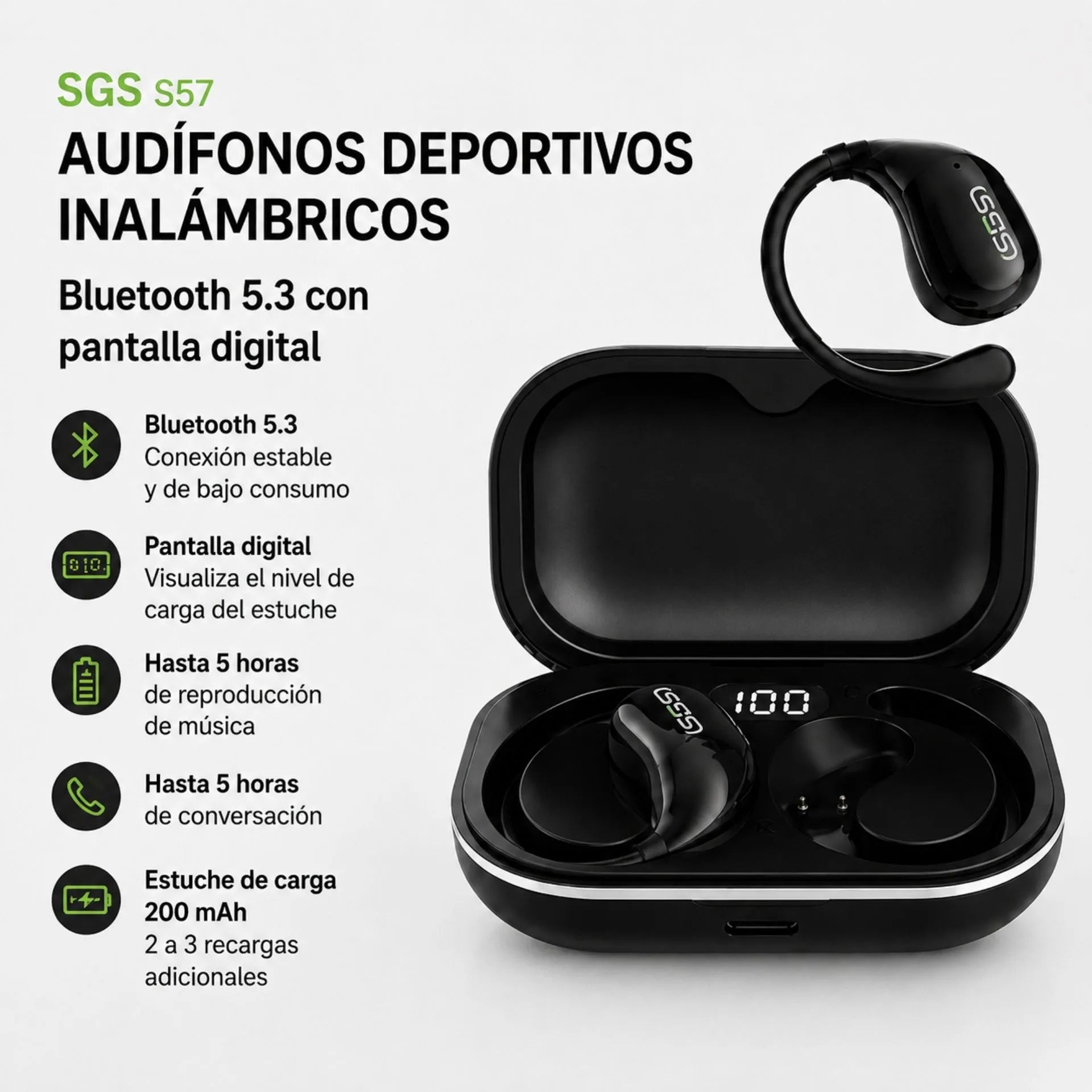 Audífonos Deportivos Inalámbricos Bluetooth 5.3 Con Pantalla Digital SGS S57