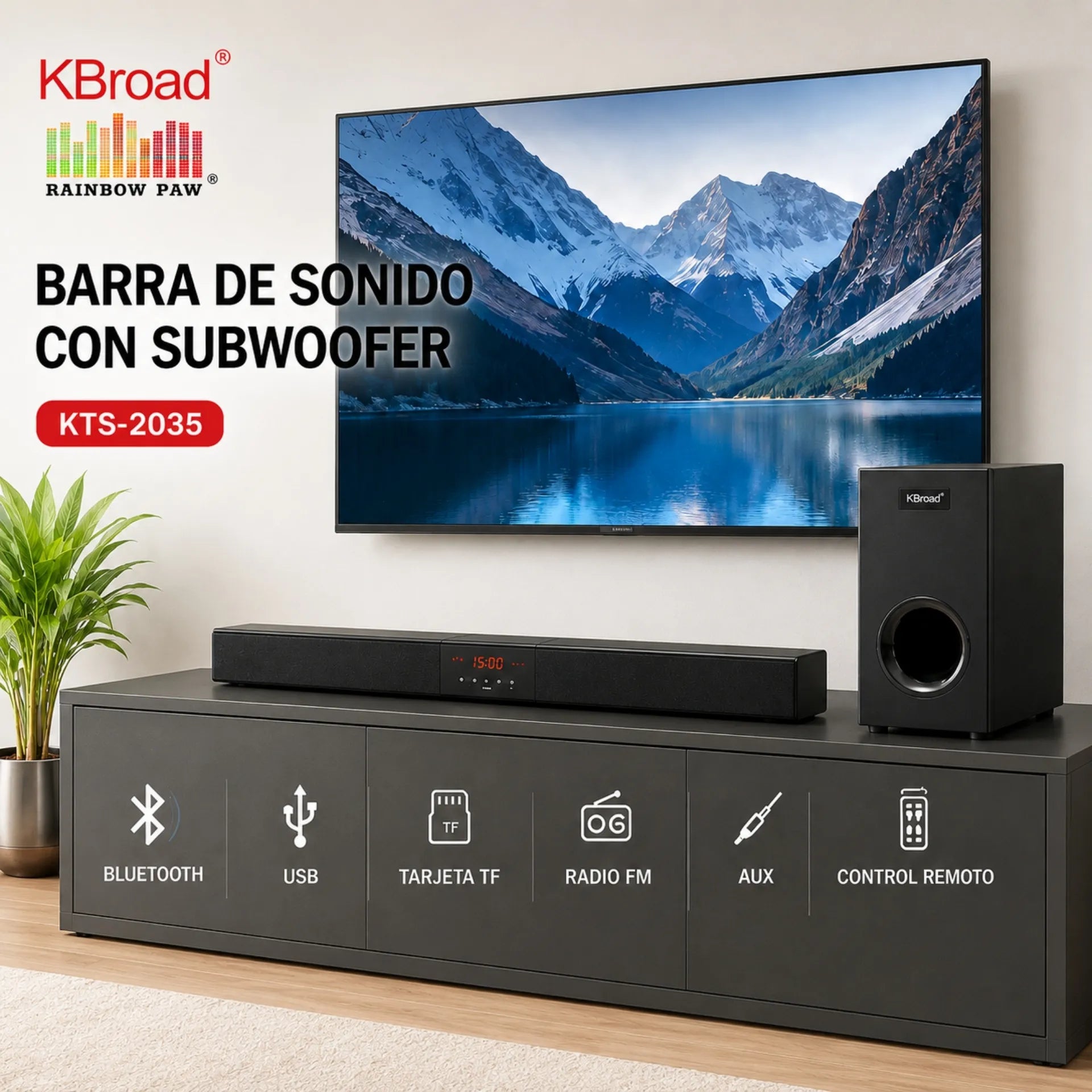Barra De Sonido KBroad 60W Con Subwoofer Bluetooth USB Y Radio FM KTS-2035