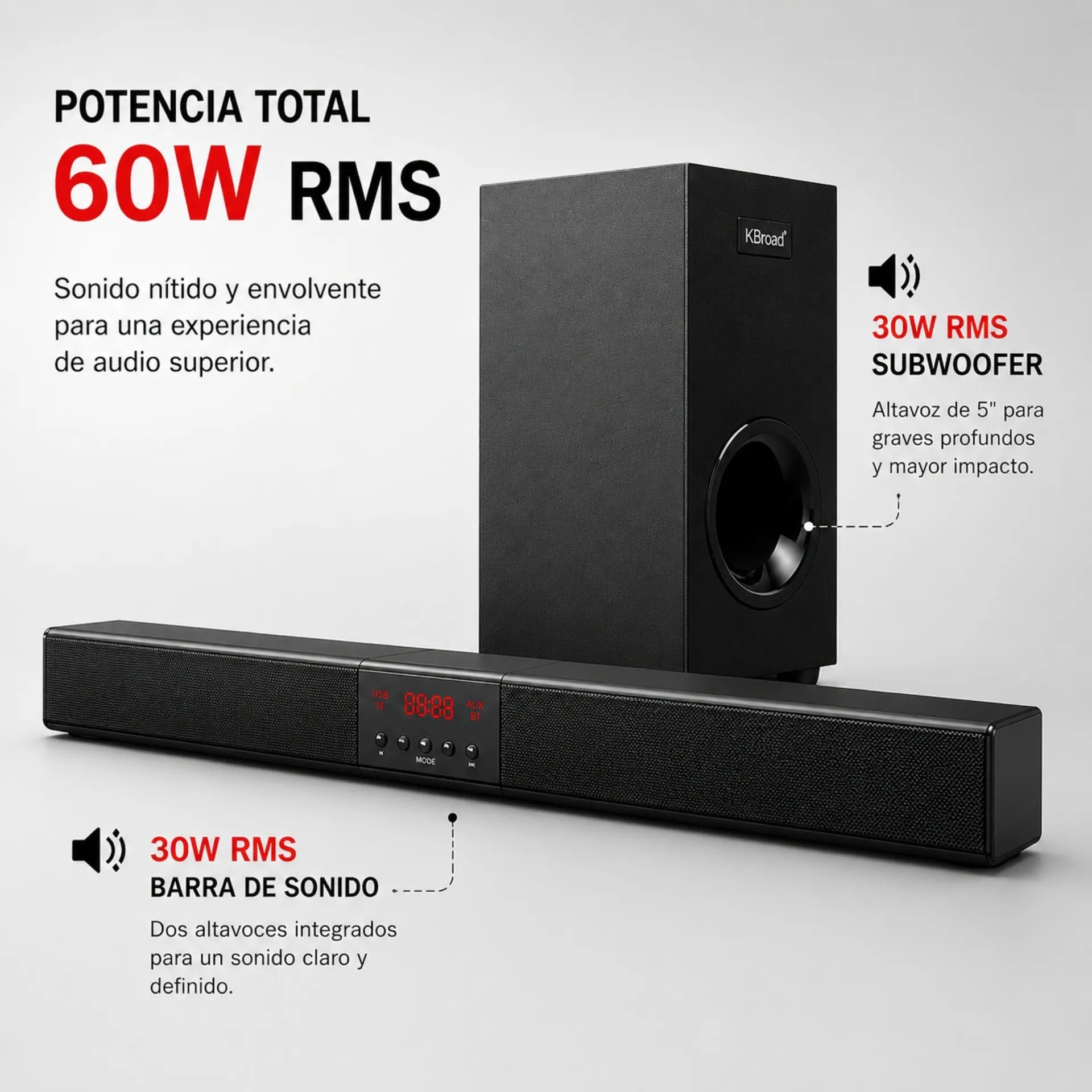 Barra De Sonido KBroad 60W Con Subwoofer Bluetooth USB Y Radio FM KTS-2035