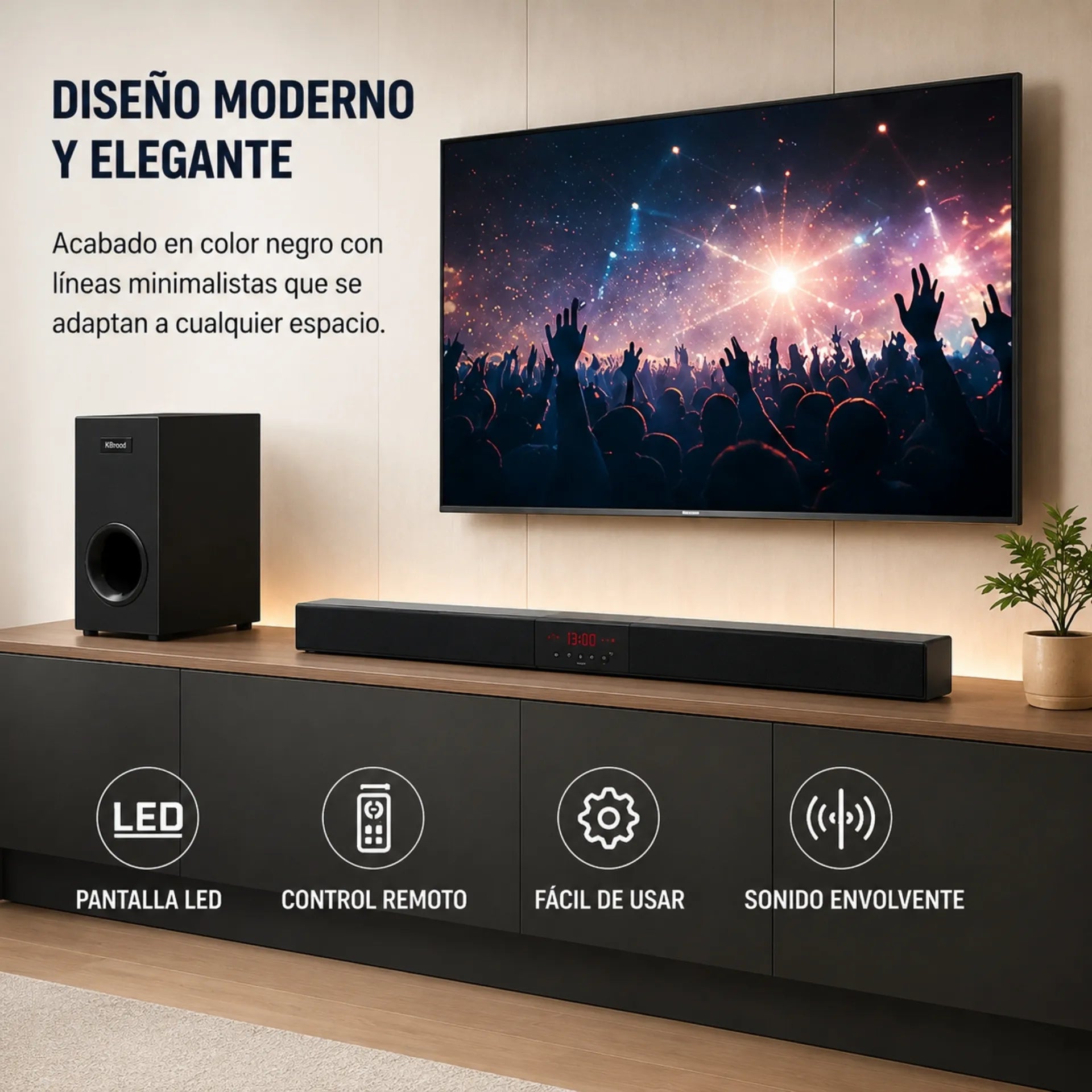 Barra De Sonido KBroad 60W Con Subwoofer Bluetooth USB Y Radio FM KTS-2035