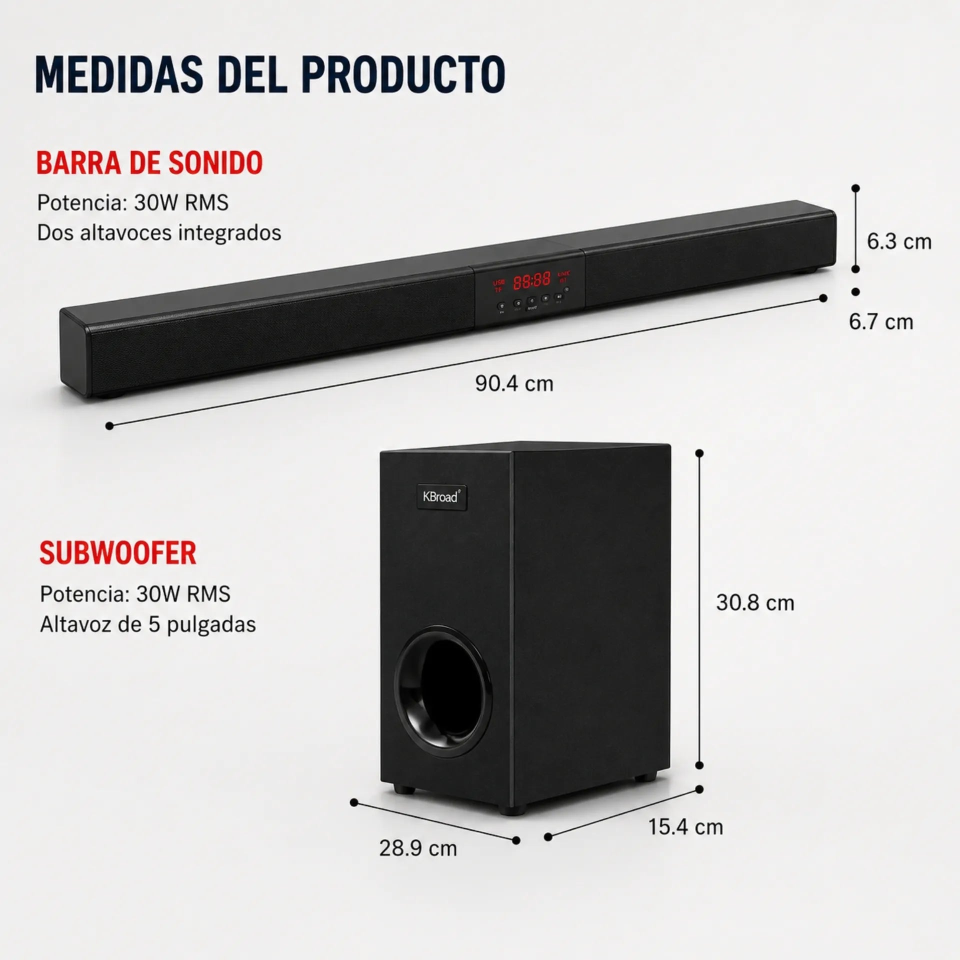 Barra De Sonido KBroad 60W Con Subwoofer Bluetooth USB Y Radio FM KTS-2035